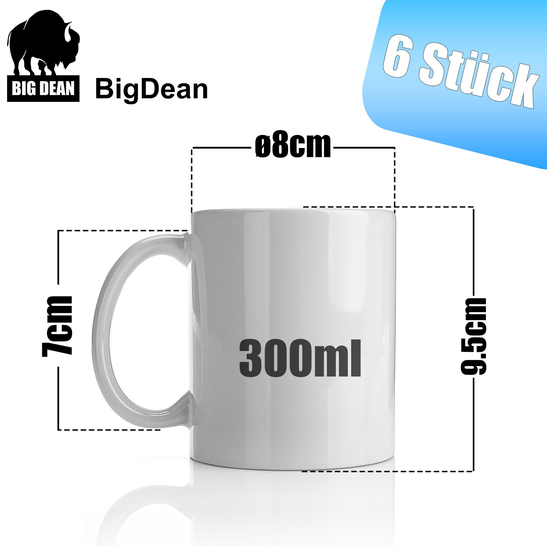 BigDean Tasse 6 Stück Kaffeebecher weiß 300ml – Kaffeetassen aus Porzellan, 6-tlg., Porzellan, Lebensmittelecht, Spülmaschinenfest, Kratzfest.