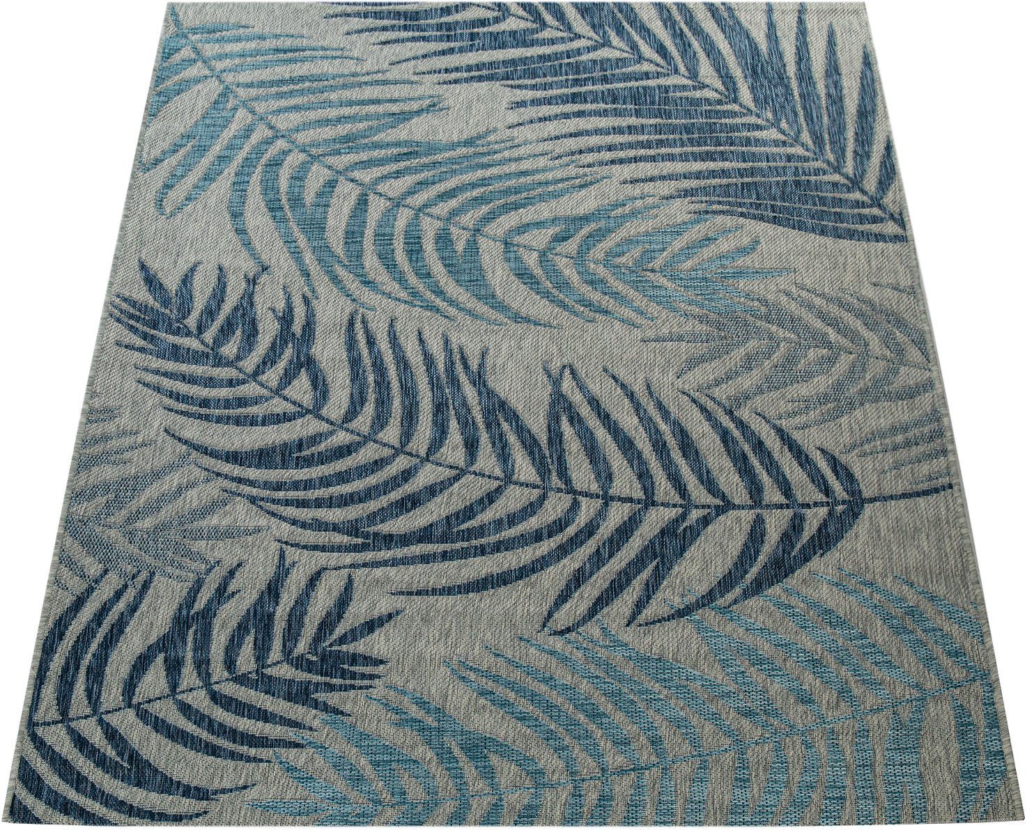Teppich Kuba 123, Paco Home, rechteckig, Höhe: 4 mm, Flachgewebe, Motiv Blätter, In- und Outdoor geeignet, Wohnzimmer blau | Kurzflor-Teppiche