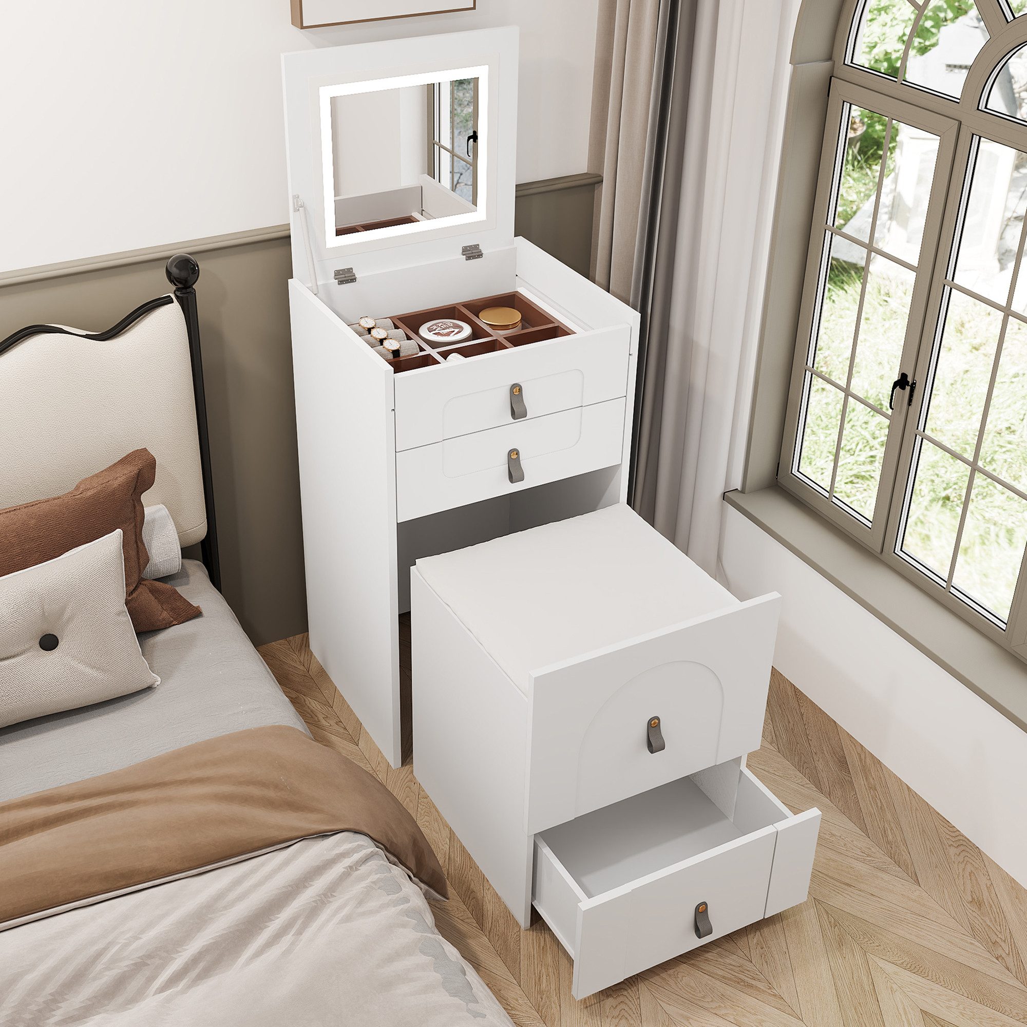 MODFU Nachttisch Moderner Schminktisch mit LED-Spiegel (Make-up-Tisch, Fris günstig online kaufen