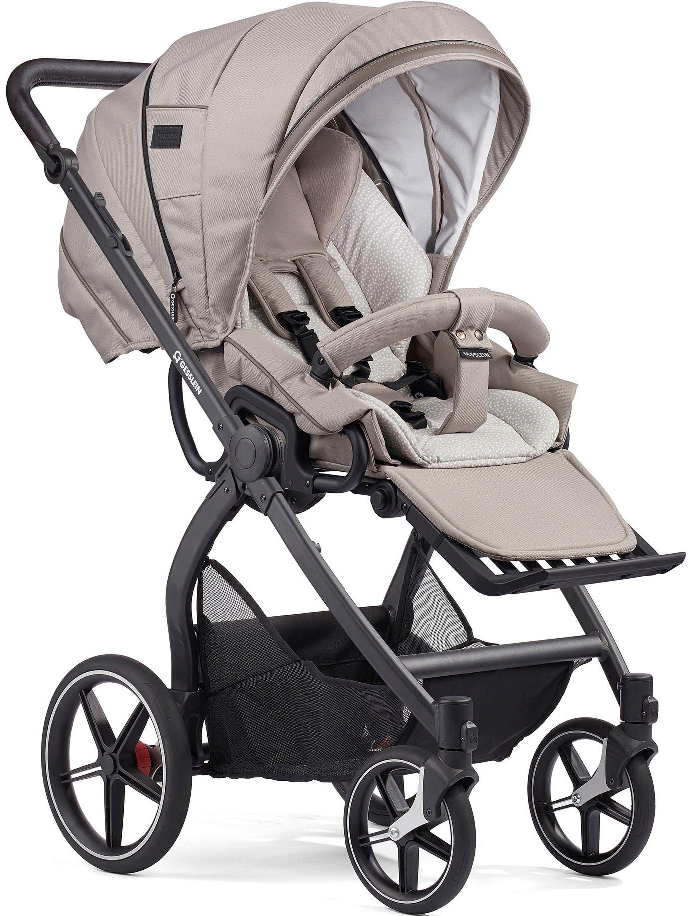 Soft+ FX4 mit und Cx3 Babyschalenadapter Kombi-Kinderwagen Aufsatz Classic steingrau, Gesslein mit Babywanne schwarz/schwarz,