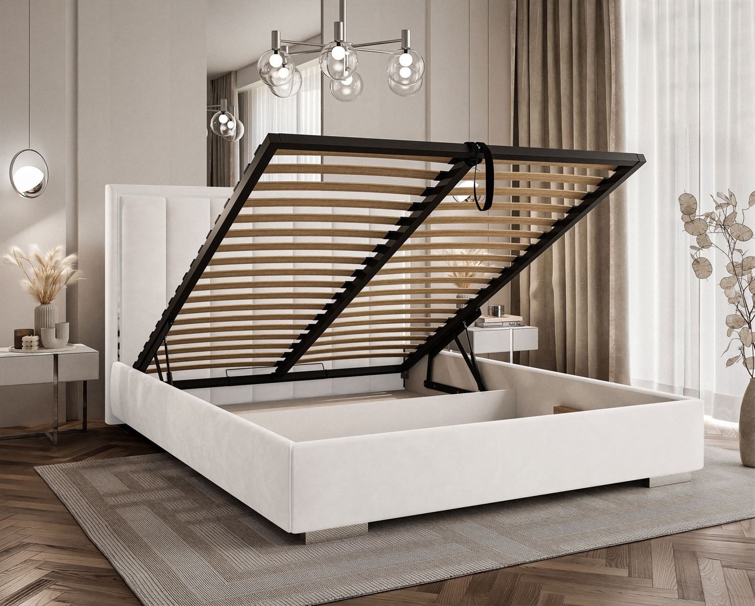 Lookway Polsterbett AURELIA SILVER mit Bettkasten, Metallrahmen und 123 cm hohem Kopfteil (Bett mit Metallgestell), Bett in 4 Größen und 5 Farben