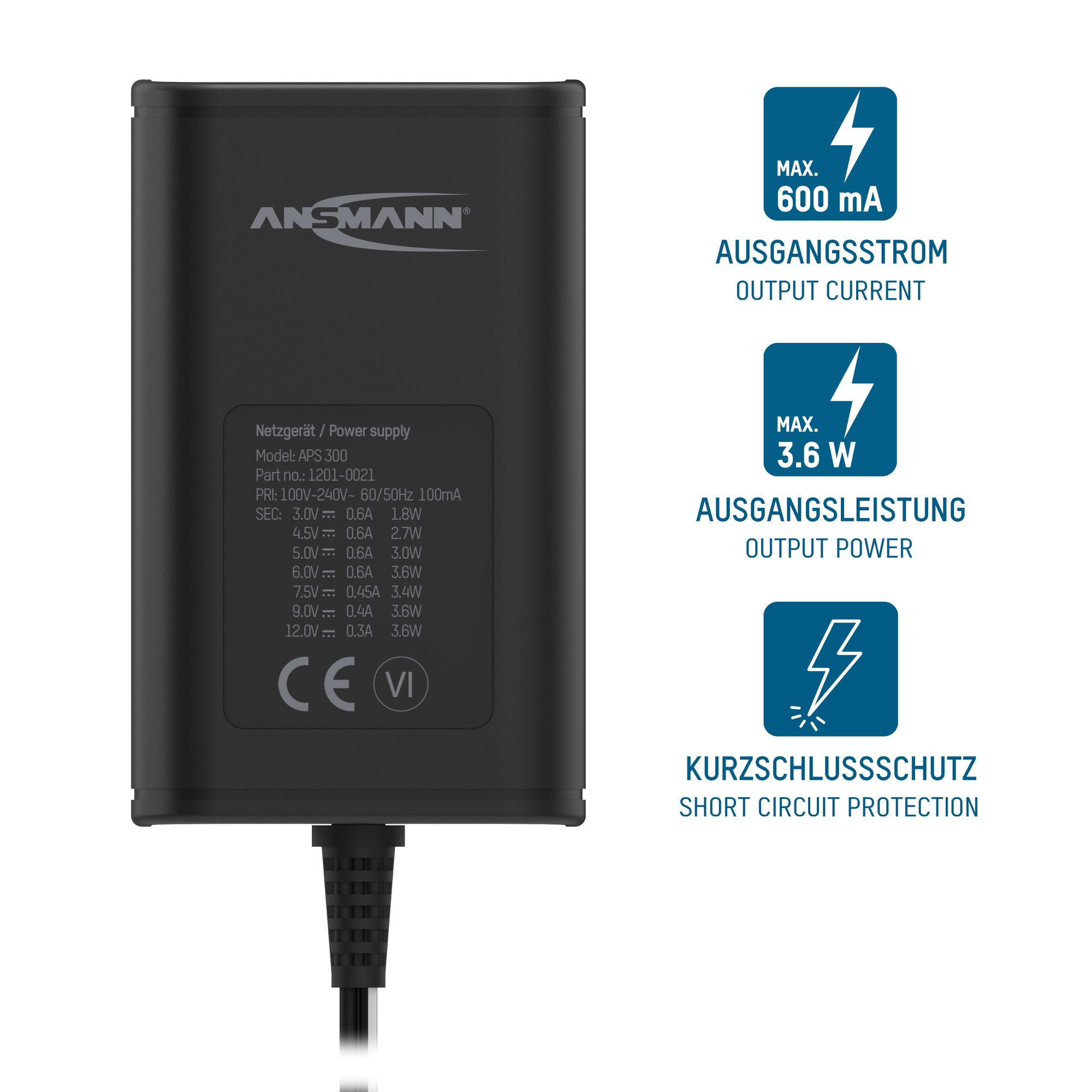 ANSMANN AG Universal Netzteil 3-12v max. 3.6w DC inkl. 7 Stecker Netzteil