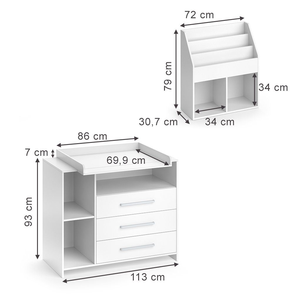 Vicco Babymöbel-Set Oskar, Weiß, 2 Teile, mit Wickelkommode und Bücherregal, (2-tlg)