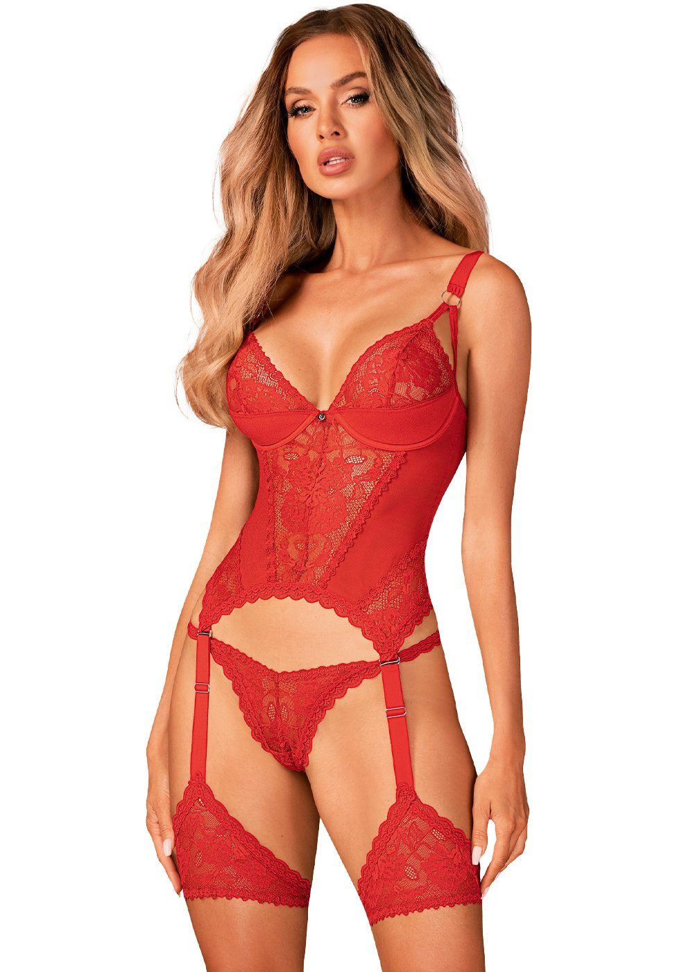 Set: Corsage Dessous-Set: Corsage mit Strumpfbändern und String - rot