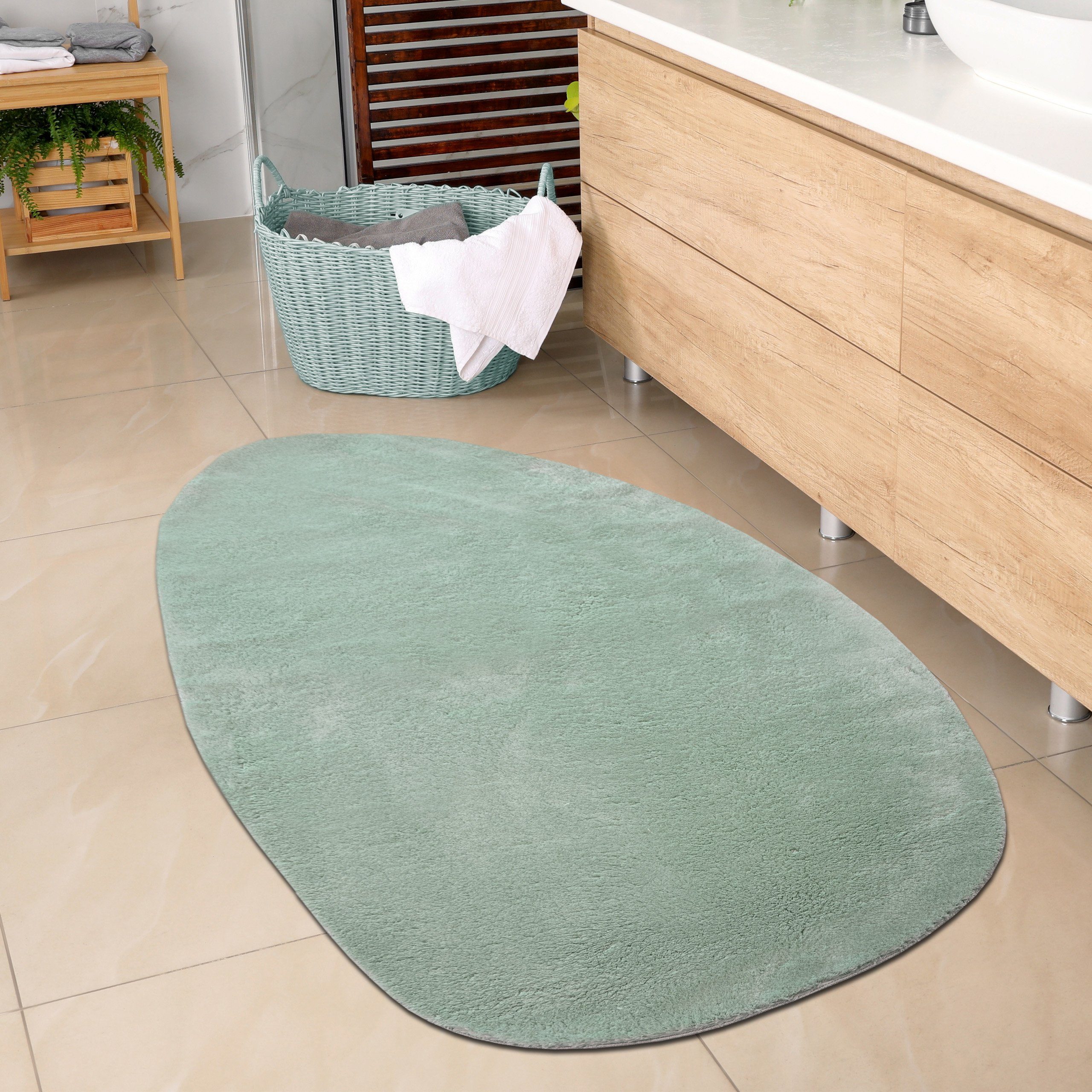 Carpetia Teppich Ovaler Badezimmer Teppich – pflegleicht – in grün, Oval, Höhe: 16 mm
