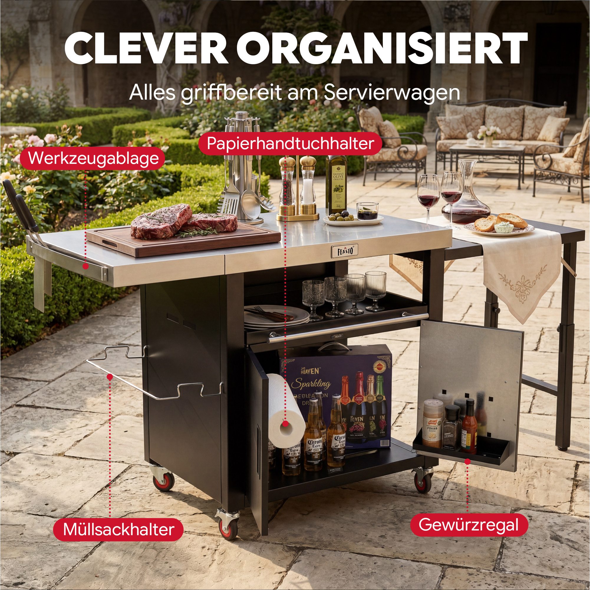 Feasto Servierwagen Multifunktionaler Grillwagen mit Schrank & ausklappbarem Beistelltisch, Grilltisch aus Edelstahl, Maße 188 x 66 x 92 cm für Garten & Küche – Bild 4 von 5