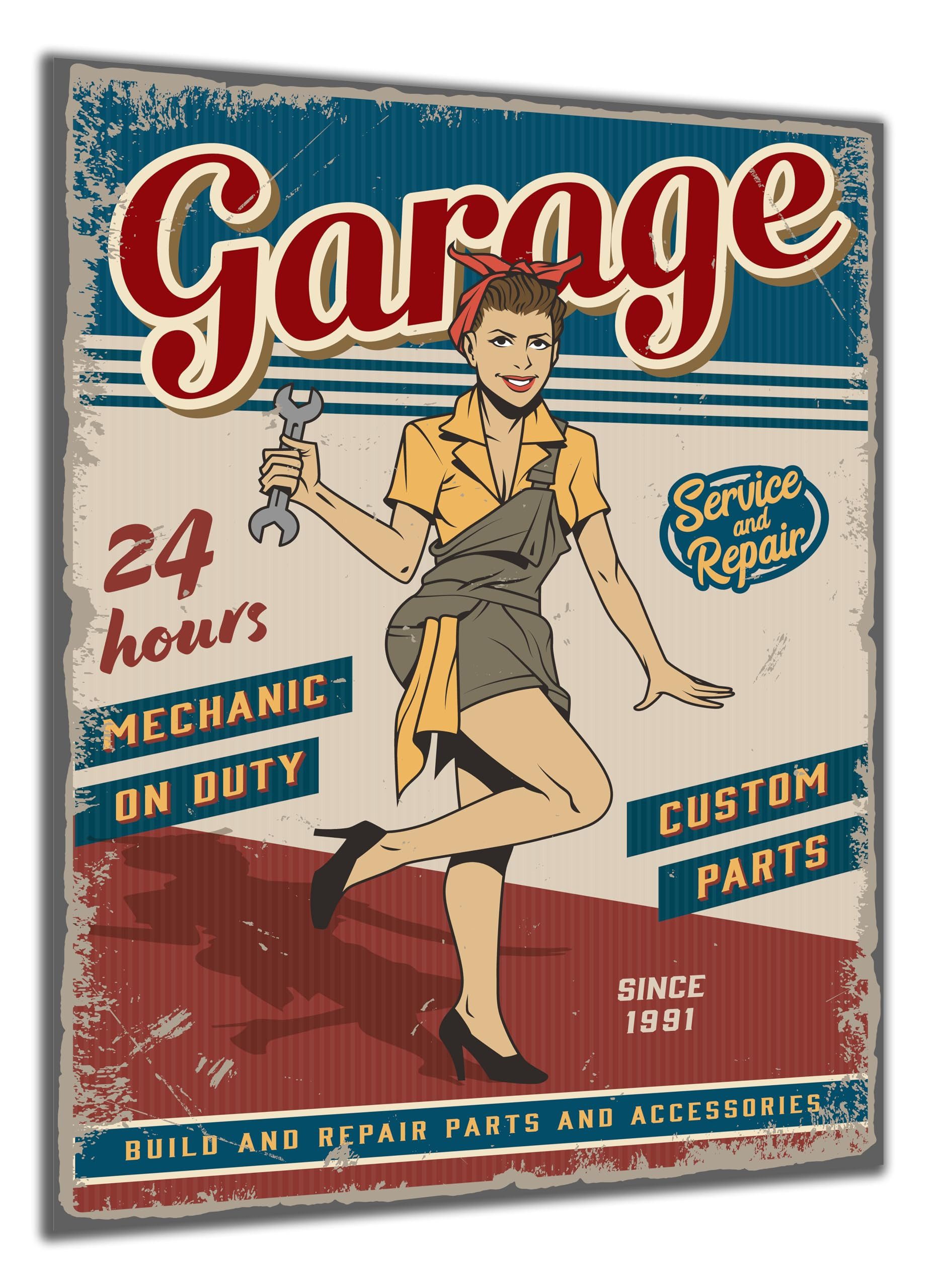 DARO Design Wandbild Vintage Retro Leinwandbild Wandbilder Wand Deko Bilder, (Garage 24h – Retro Wanddeko Wohnzimmer Küche Flur Fotodruck), 70 × 50 cm, 6 mm HDF
