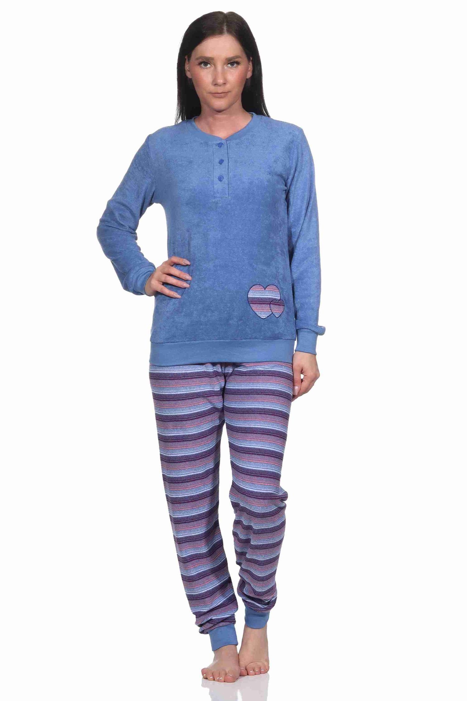 Frottee mit Damen Pyjama Schlafanzug Wunderschöner Herz-Motiv und Normann blau Bündchen