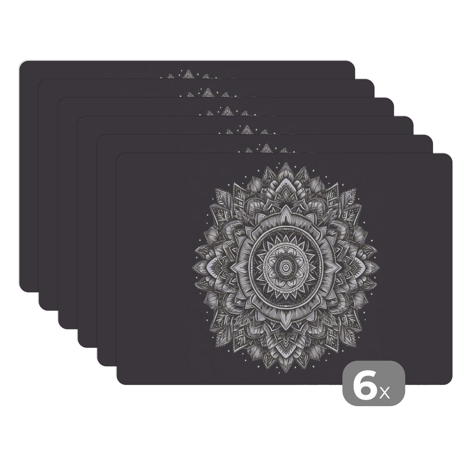 Platzset, Mandala - Schwarz und weiß - Blumen - Böhmisch - Natur, MuchoWow, (6-St), Platzset, Platzdecken, Platzmatte, Tischmatten, Schmutzabweisend
