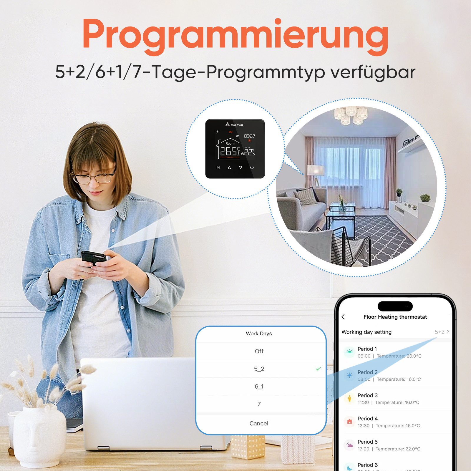 Salcar Heizkörperthermostat WiFi Thermostat Heizung Smart für Wasser Fußbodenheizung, LCD Digital Fussbodenheizung, Programmierbarer – Bild 4 von 5