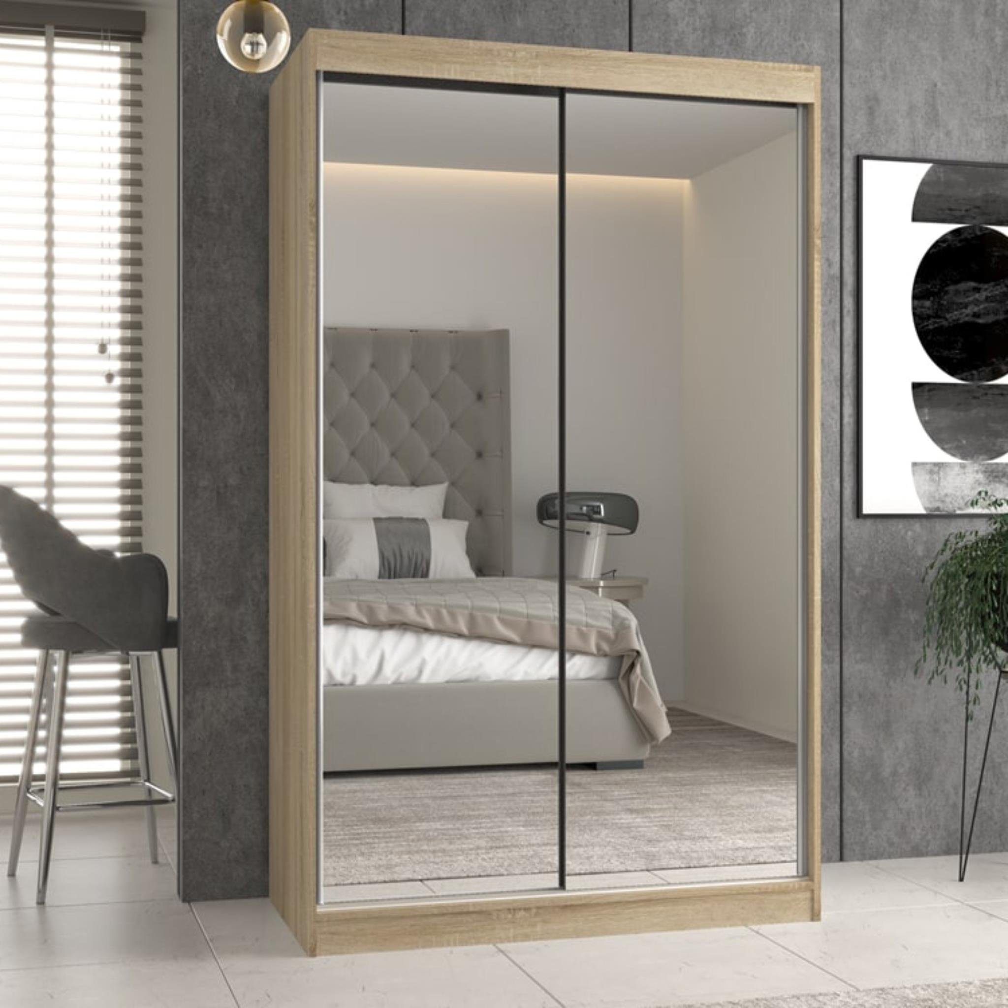Beautysofa Schiebetürenschrank Luxury (Spiegelschrank mit 2 Türen, Kleiderschrank mit große Spiegel) Breite 120 cm, Kleiderstange, viele Stauraum Sonoma