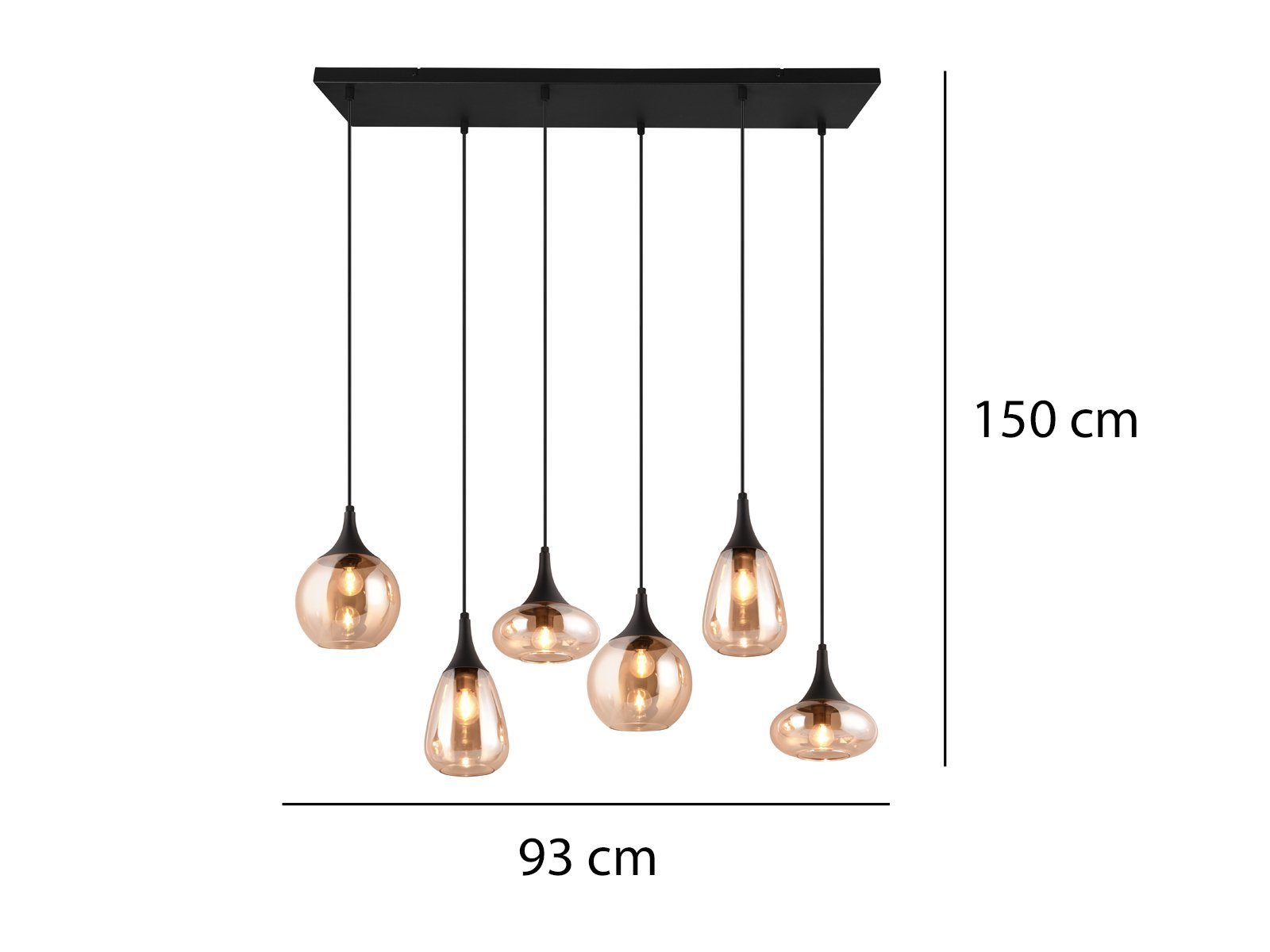 LED meineWunschleuchte Dimmfunktion, wechselbar, Pendelleuchte, 93cm Kücheninsel hängend Esstisch Amber warmweiß, LED über-n 6x Lampenschirm Glas B: