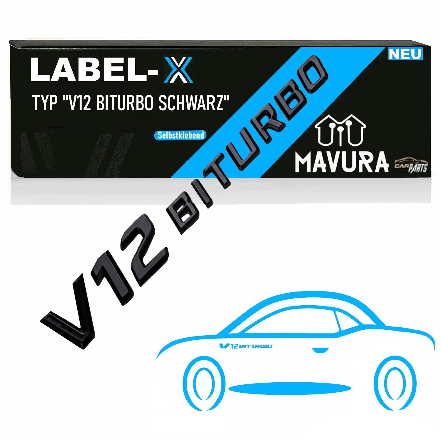 MAVURA Aufkleber LABEL-X V12 Biturbo AMG Schwarz Schriftzug Emblem