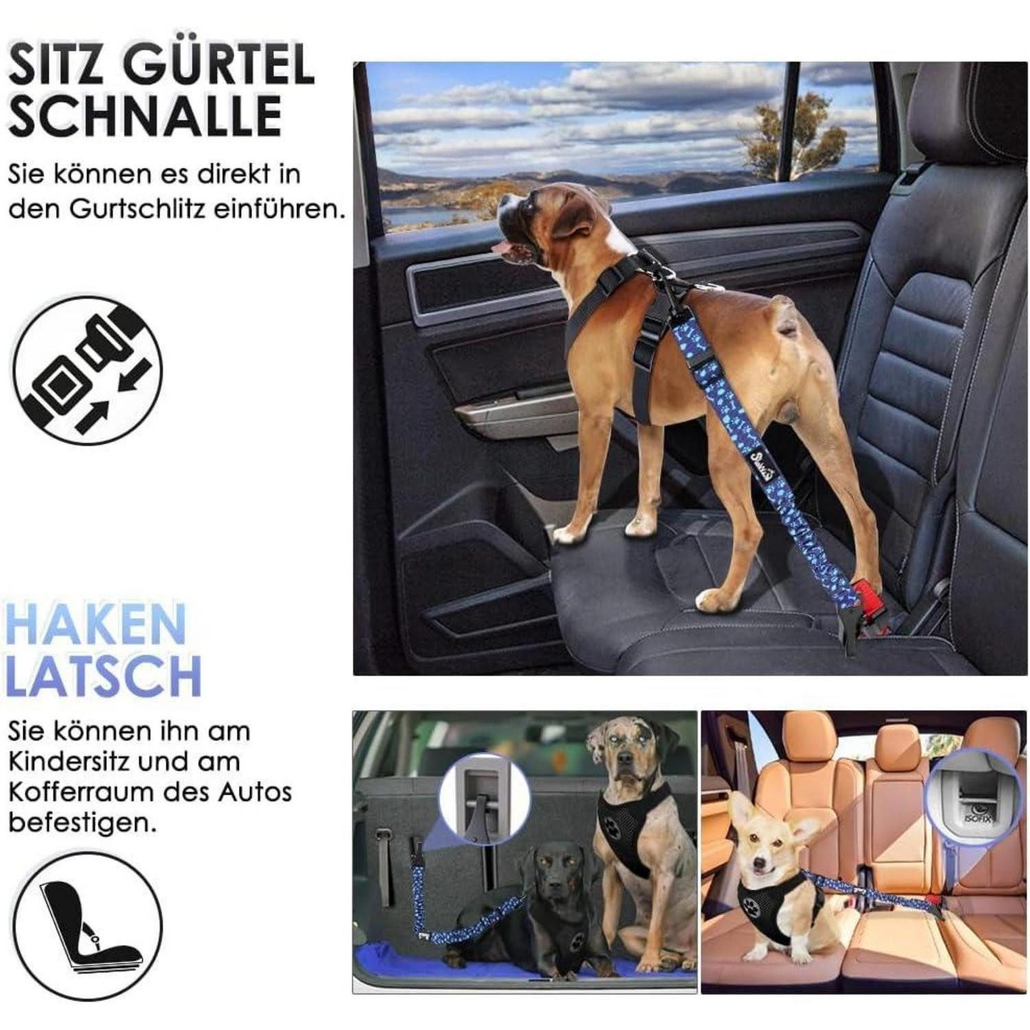 LuxusKollektion Autohundegeschirr Hundesicherheitsgurt verstellbar Ruckdämpfung 3in1 Auto 90CM Blau