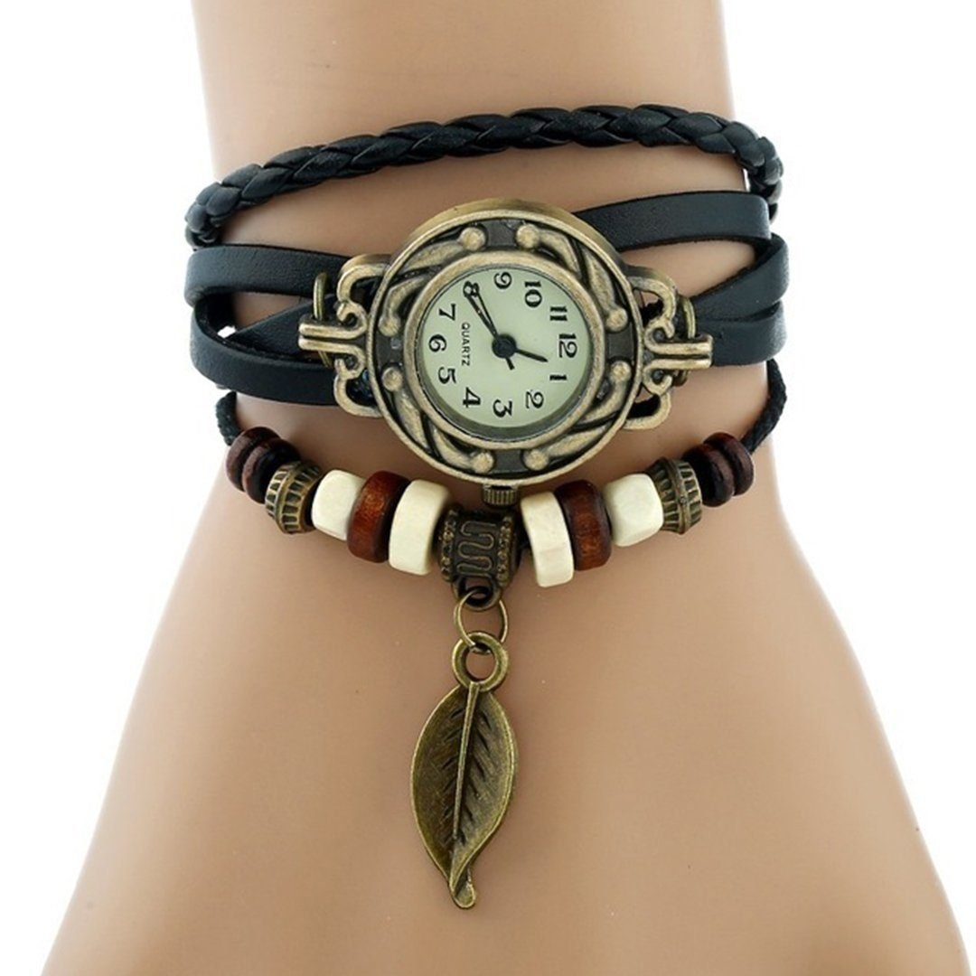 AUKUU Quarzuhr Quarzuhr Damen Armbanduhr, Retro geflochten Armband Armreif Armkette, (Uhr, (Dicke:0.74cm, Bandbreite: 1.24cm, 1-tlg., Gesamtl?nge:21.5cm), Geh?usedurchmesser:2.46cm), mit Baum Blatt Anh?nger für Frau M?dchen