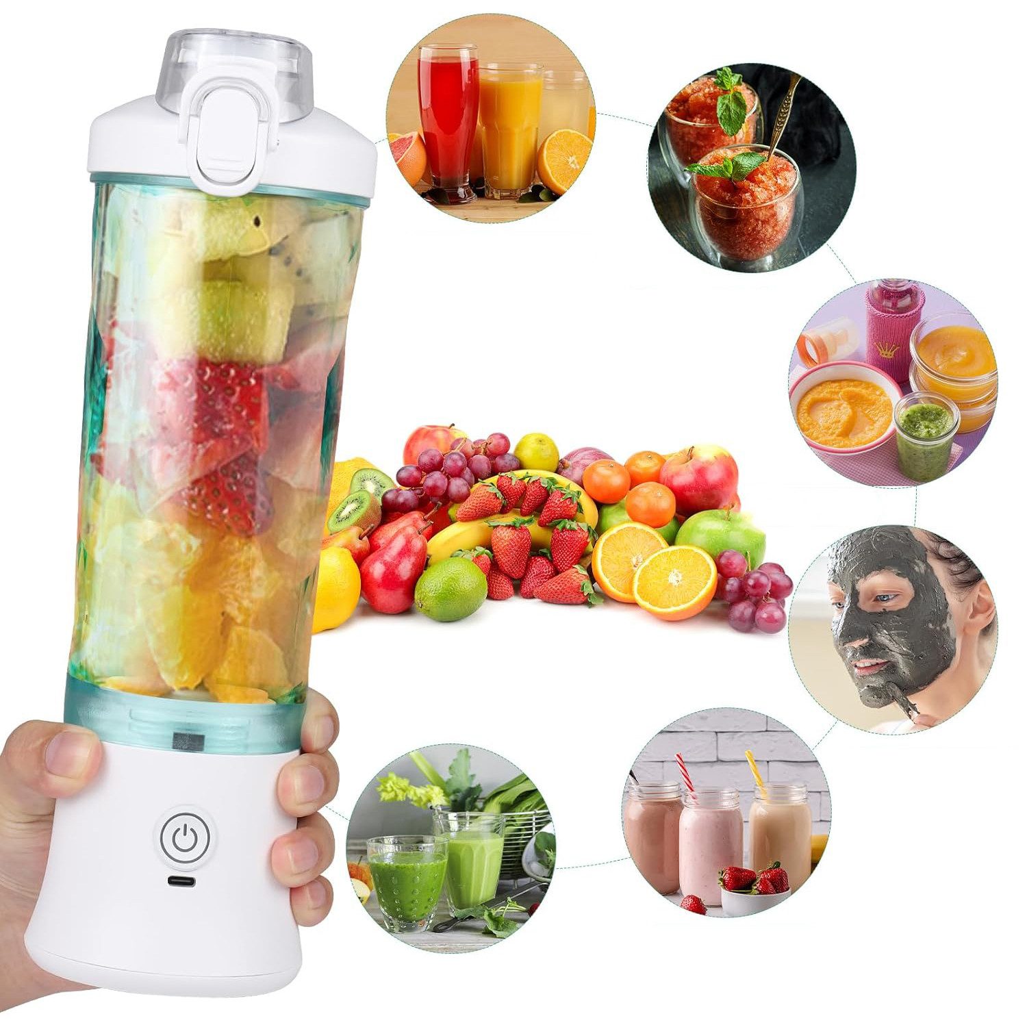 MODFU Akku-Smoothie-Maker 600ml Elektrischer Tragbarer Smoothie Mixer mit 6 Edelstahlklingen, 240 W, 2-in-1 Trinkflasche für Fitnessstudio Büro Camping und Reisen