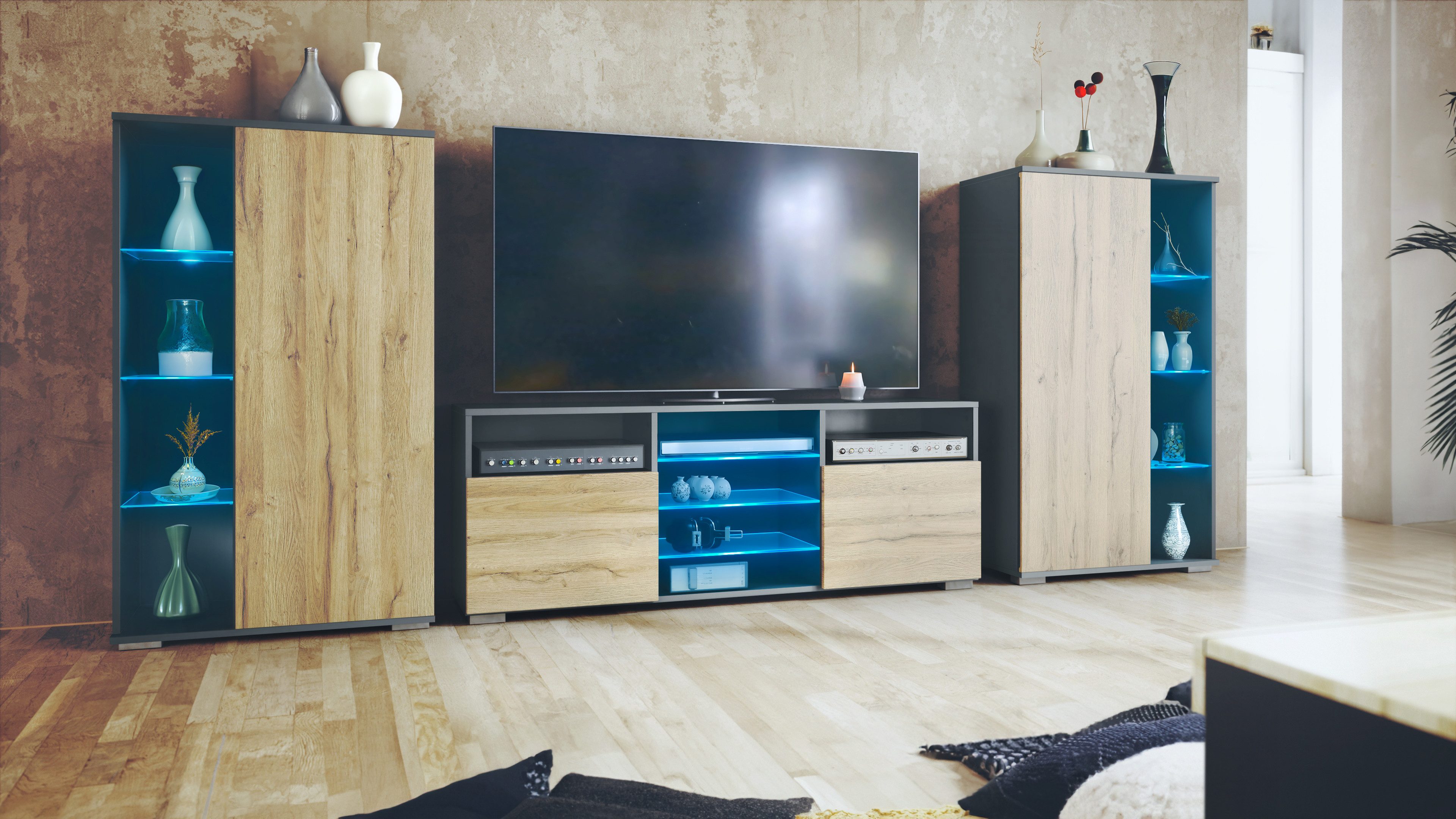 Vladon Wohnwand Davos, (Anbauwand, bestehend aus 2 Vitrinen, 1 TV-Board und LED-Beleuchtung), Anthrazit matt/Eiche Natur (329 x 134 x 35 cm)