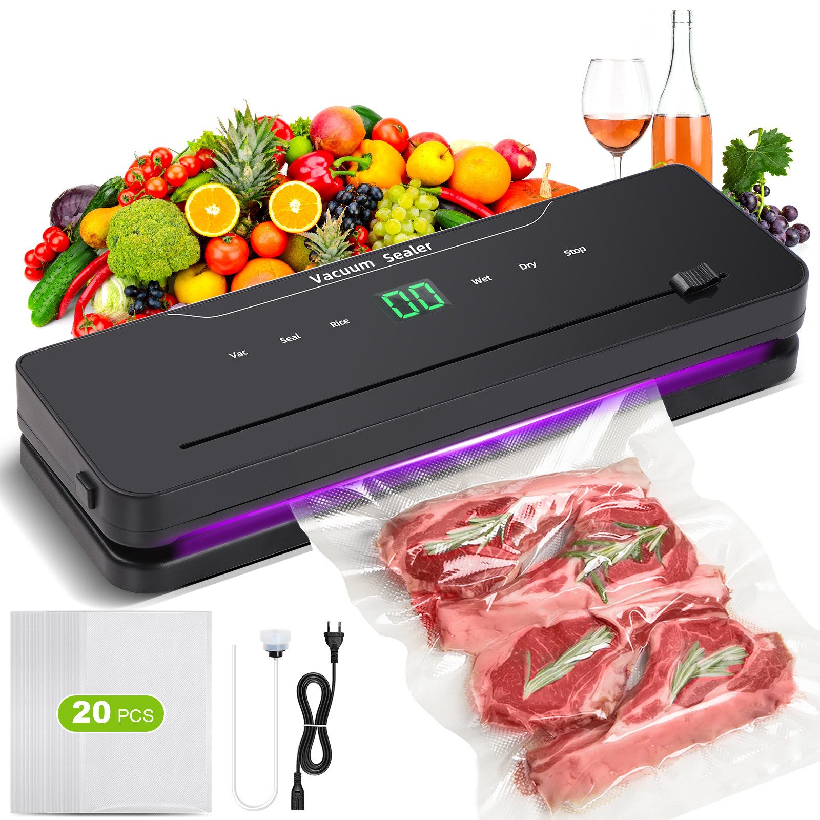 QUBEBU Vakuumierer Vakuumierer Satz 6 in 1 Vakuumiergerät + 20 Vakuumierbeutel 85 kPa, Rollenbreite 30 cm, 120W, Lebensmittel bleiben bis zu 10x länger frisch, kompakt & platzsparend