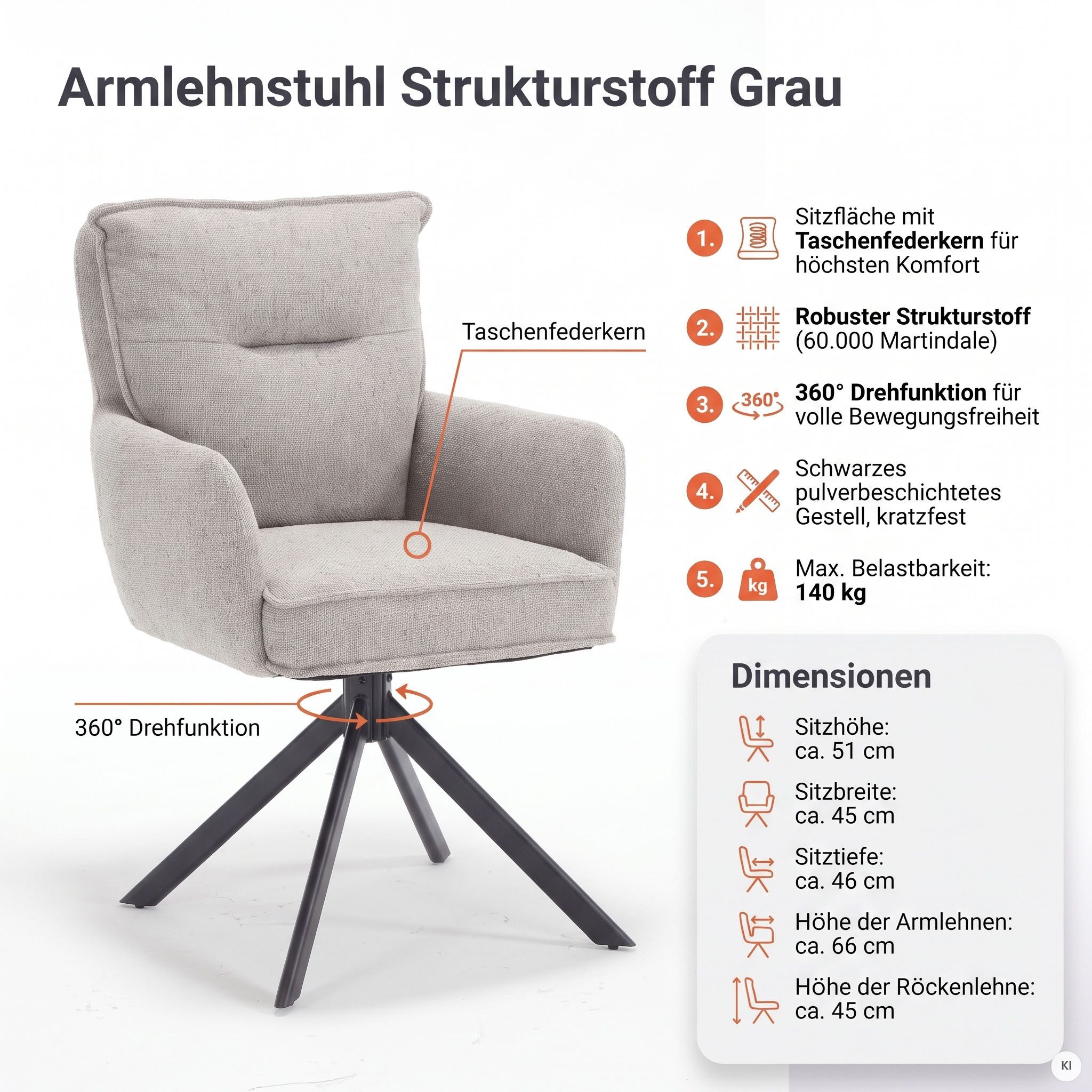 SalesFever Esszimmerstuhl Austin - Armlehnstuhl mit hochwertiger Taschenfederkern-Polsterung (1 St), Esszimmersessel: 360° Drehfunktion mit stilvollem Metallfuß – Bild 4 von 5