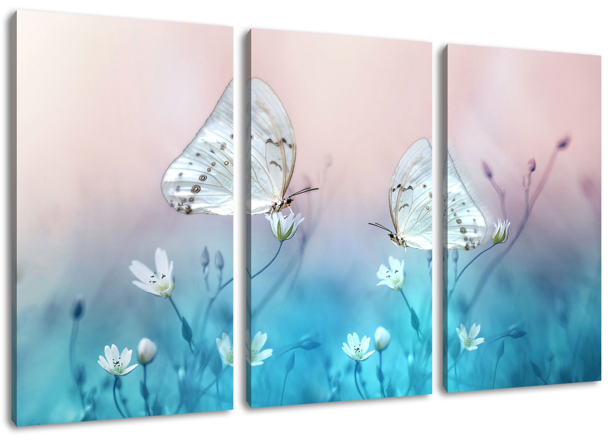 St), Zackenaufhänger Schmetterling bespannt, kleinen Blumen, Schmetterling Blumen auf (120x80cm) inkl. Pixxprint kleinen (1 Leinwandbild auf 3Teiler fertig Leinwandbild