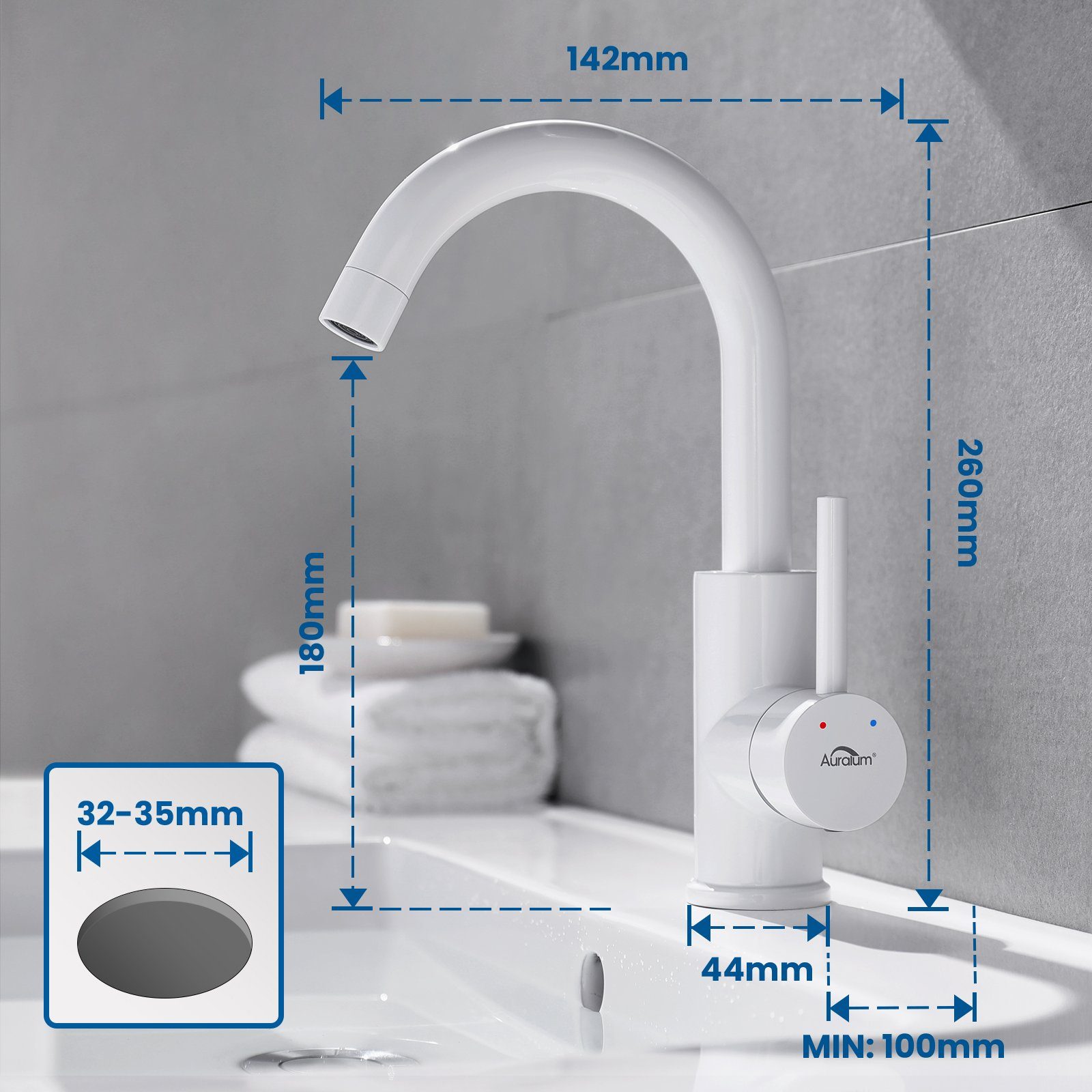 Waschtischarmatur Bad Gäste-WC Weiß Mischbatterie Badarmatur 360° für Auralum Wasserhahn Badezimmer, Waschbecken Einhebel