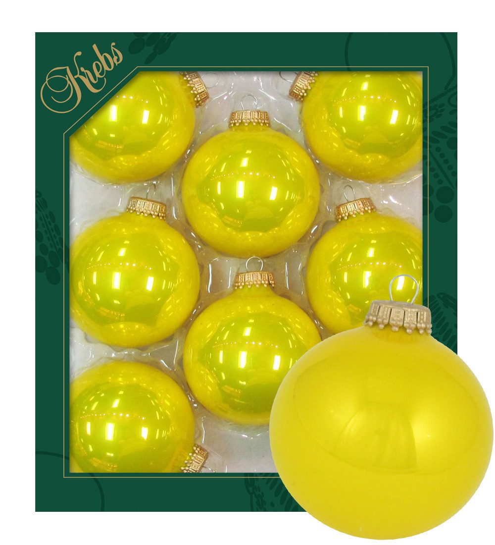 Krebs Glas Lauscha Christbaumschmuck Glaskugel Set - Neongelb glänzend - 8 Stück je 7cm, Extravagante Deko für ein farbenfrohes, aufregendes Weihnachtsfest