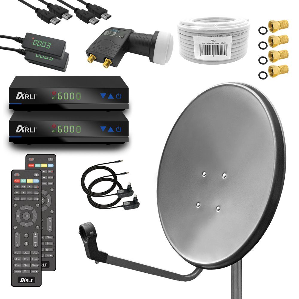 ARLI »ARLI 60 cm HD Sat Anlage Antenne grau Set inkl. Receiver + Kabel + Stecker für 2 Teilnehmer Set 12801« SAT Antenne (60 cm, Stahl)