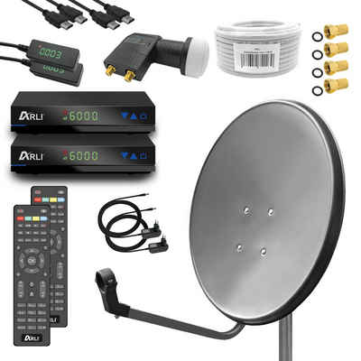ARLI »ARLI 60 cm HD Sat Anlage Antenne grau Set inkl. Receiver + Kabel + Stecker für 2 Teilnehmer Set 12801« SAT-Antenne (60 cm, Stahl)