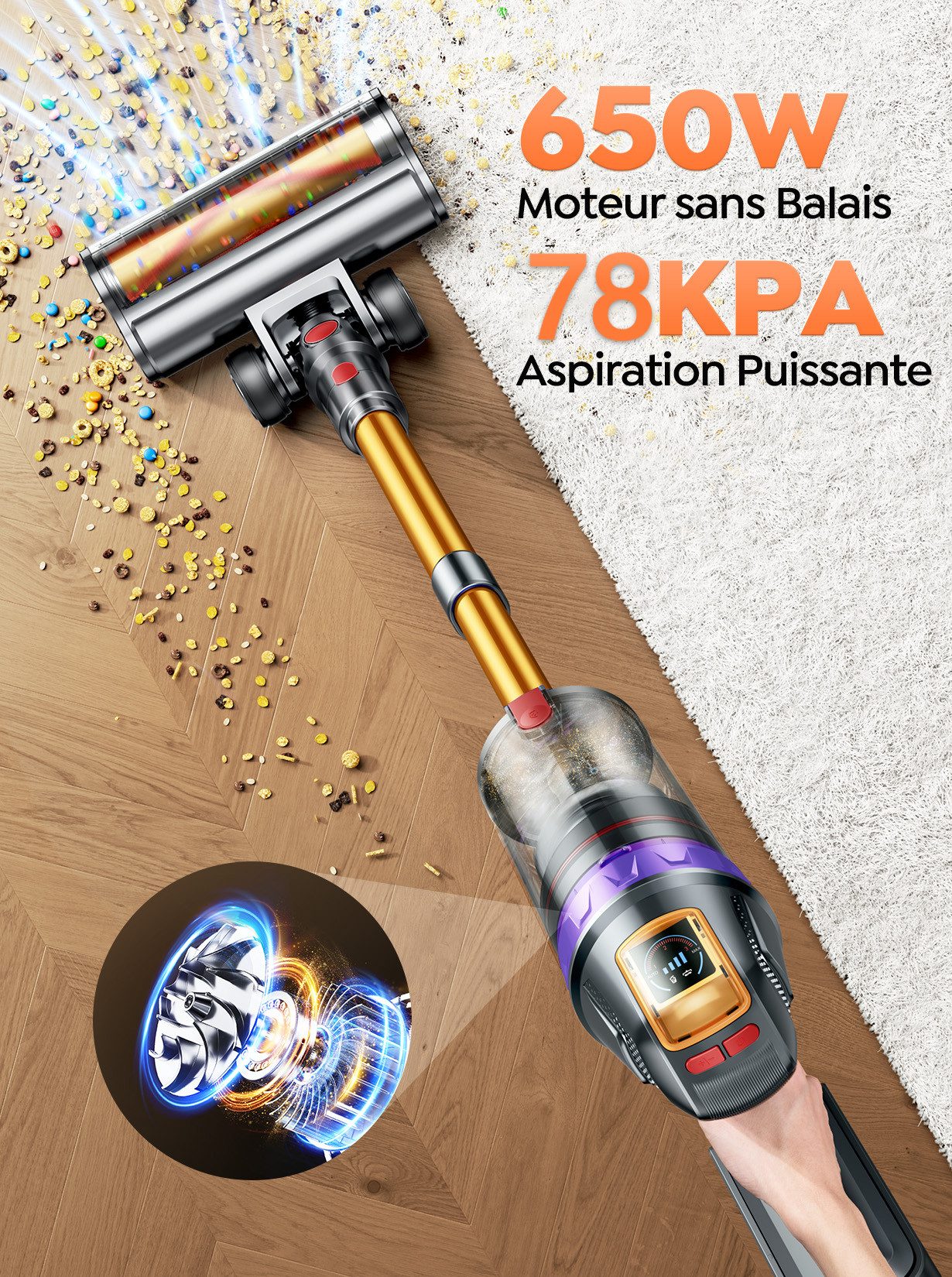 Buture Akku-Hand-und Stielstaubsauger 85000Pa Akkustaubsauger, 750 W Akku Staubsauger, Akkusauger Kabelloser, 85 kPa, 60 Minuten Laufzeit, Abnehmbarer Akku