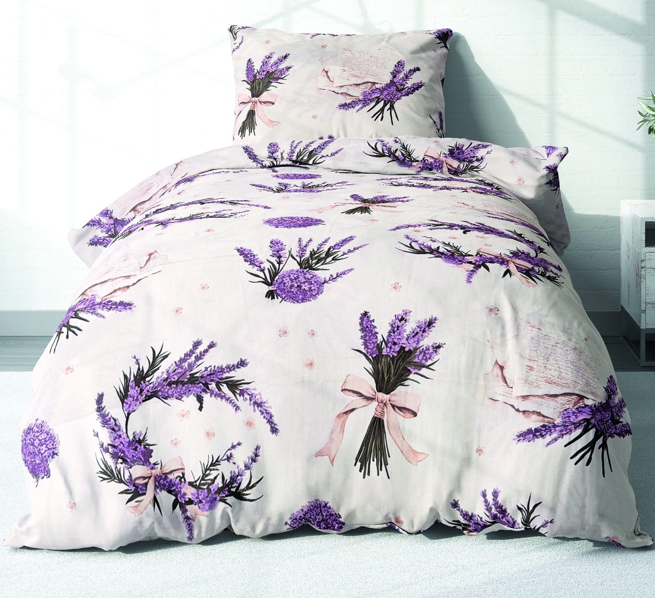Heubergshop Bettwäsche, Renforcé, 2 teilig, 135x200cm und 80x80cm - Geblümt Lavendel Blumen Landhaus (EW-Lavendel)