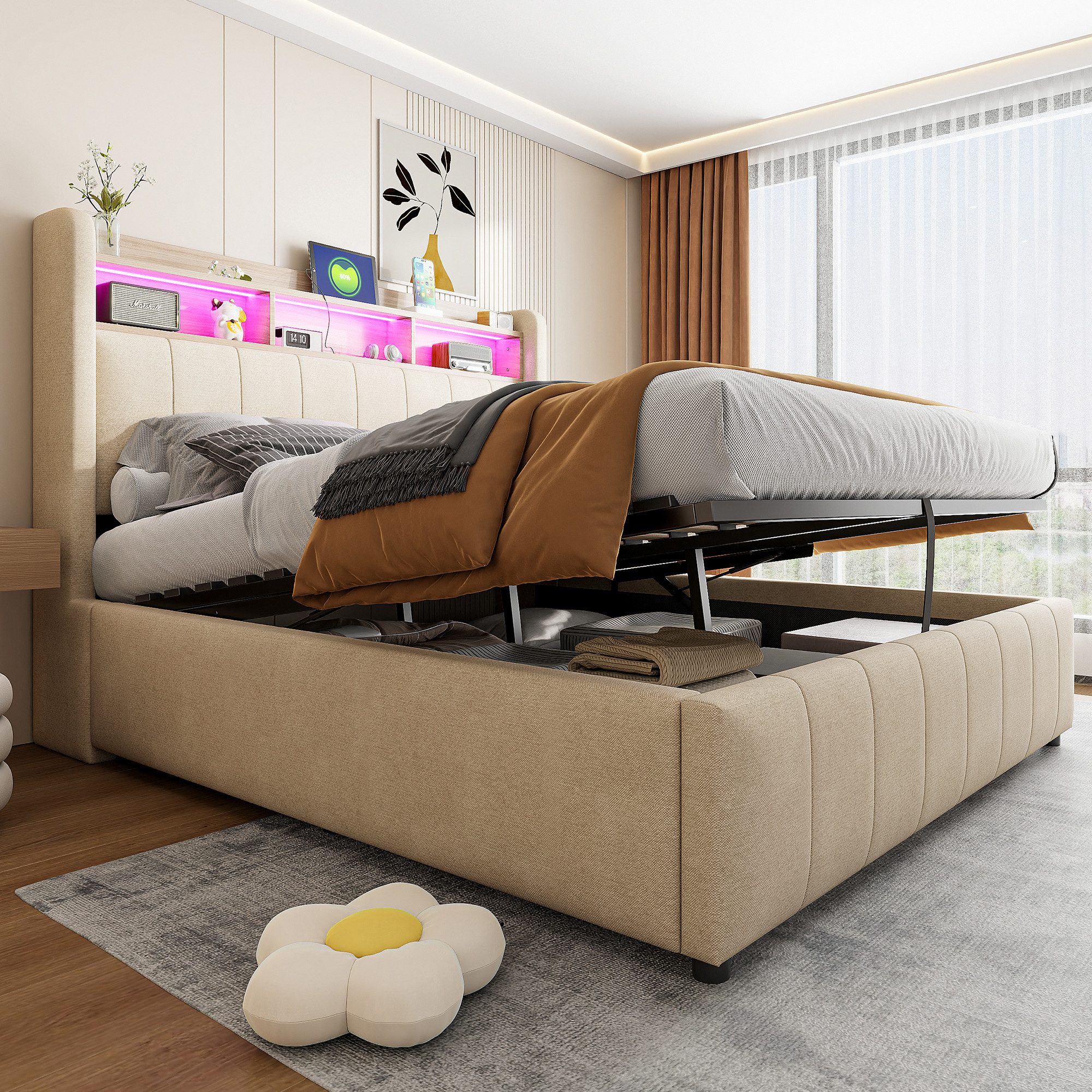 Celya Polsterbett Doppelbett mit LED-Beleuchtung und USB-Steckdose (Ohne Ma günstig online kaufen