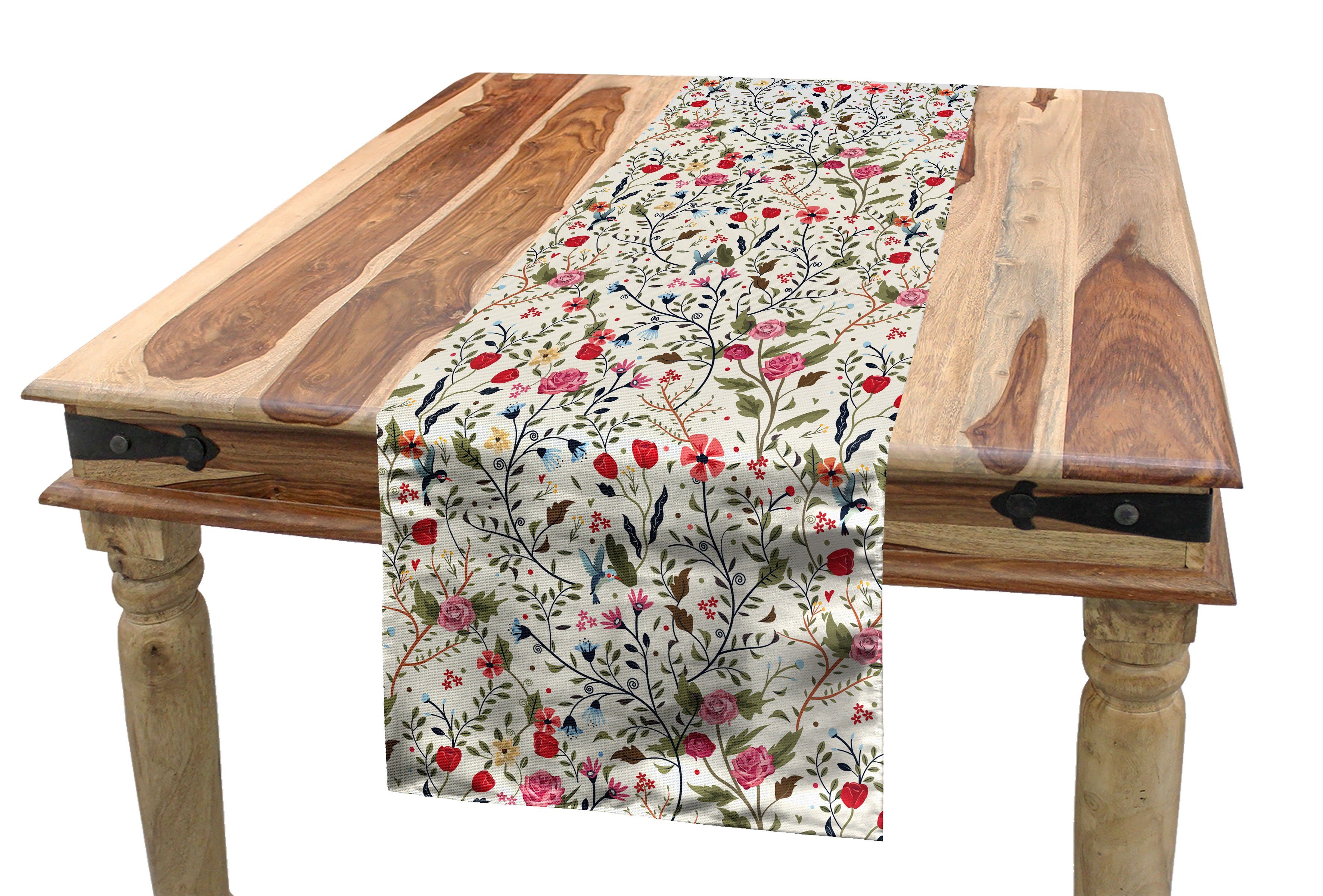 Rosen-Tupfen Vögel Rechteckiger Abakuhaus Blumen Esszimmer Tischläufer, Dekorativer Küche Tischläufer