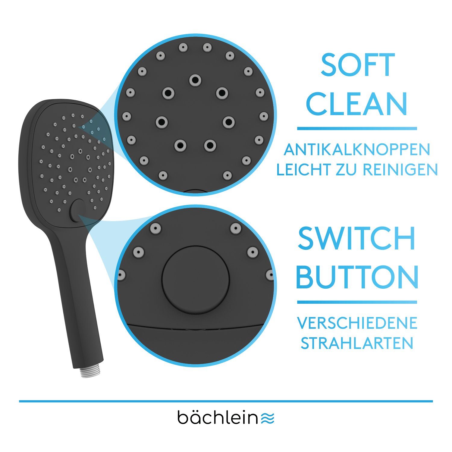 Bächlein Duschbrause Brausekopf Handbrause mit 3 Strahlarten, drei Stahlarten durch Drucktaste wählbar