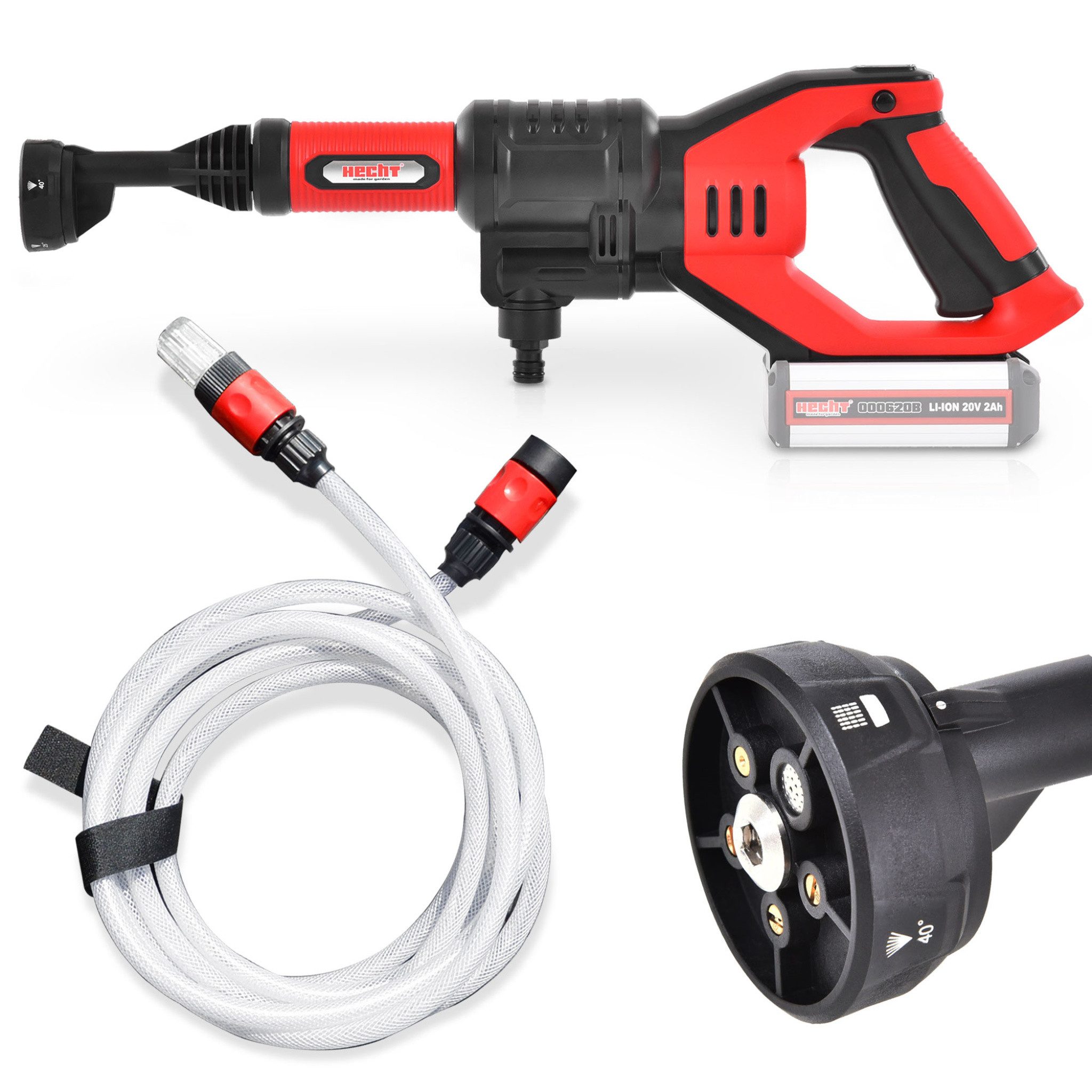 Hecht Akku-Hochdruckreiniger mit 4m Saugschlauch 20V Akku-Serie, Druck max: 22 bar, Fördermenge max: 180 l/h, Fünf einstellbare Sprühmodi 0°, 15°, 25°, 40°, Dusche, ECO-Modus