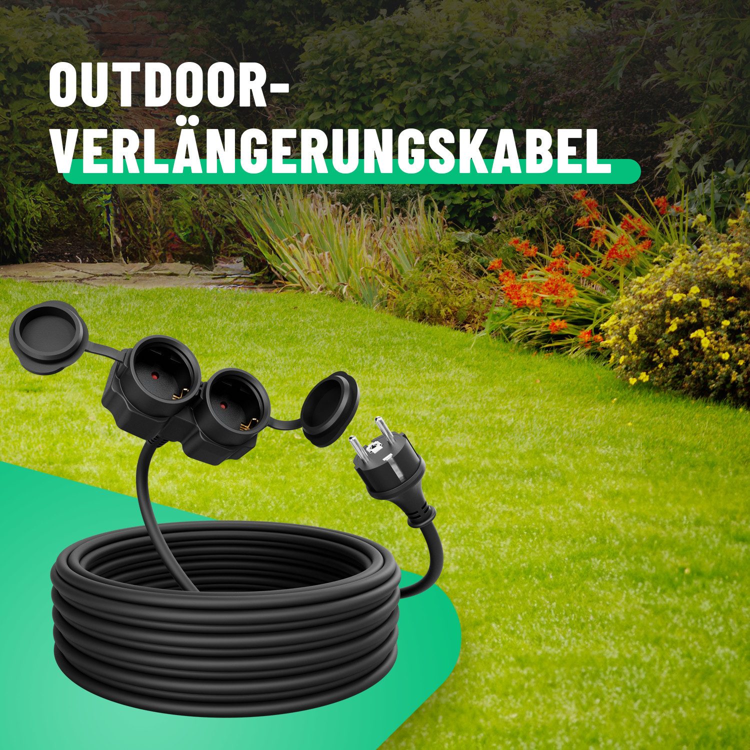 greate. 2fach Verlängerungskabel 10m - wasserdicht, Mehrfachsteckdose, 3500 W Verlängerungskabel, (1000 cm)