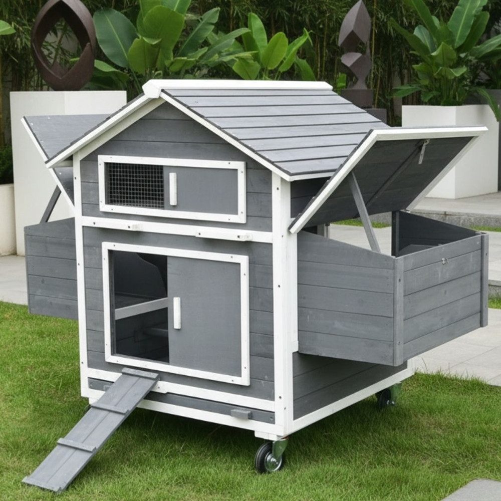 Melko Hühnerstall Hühnerhaus inkl. 2 Nestboxen Hühnervoliere Holz Geflügelstall, Rollbar, 4 Nistplätzen, Holzrampe, 2 Sitzstangen