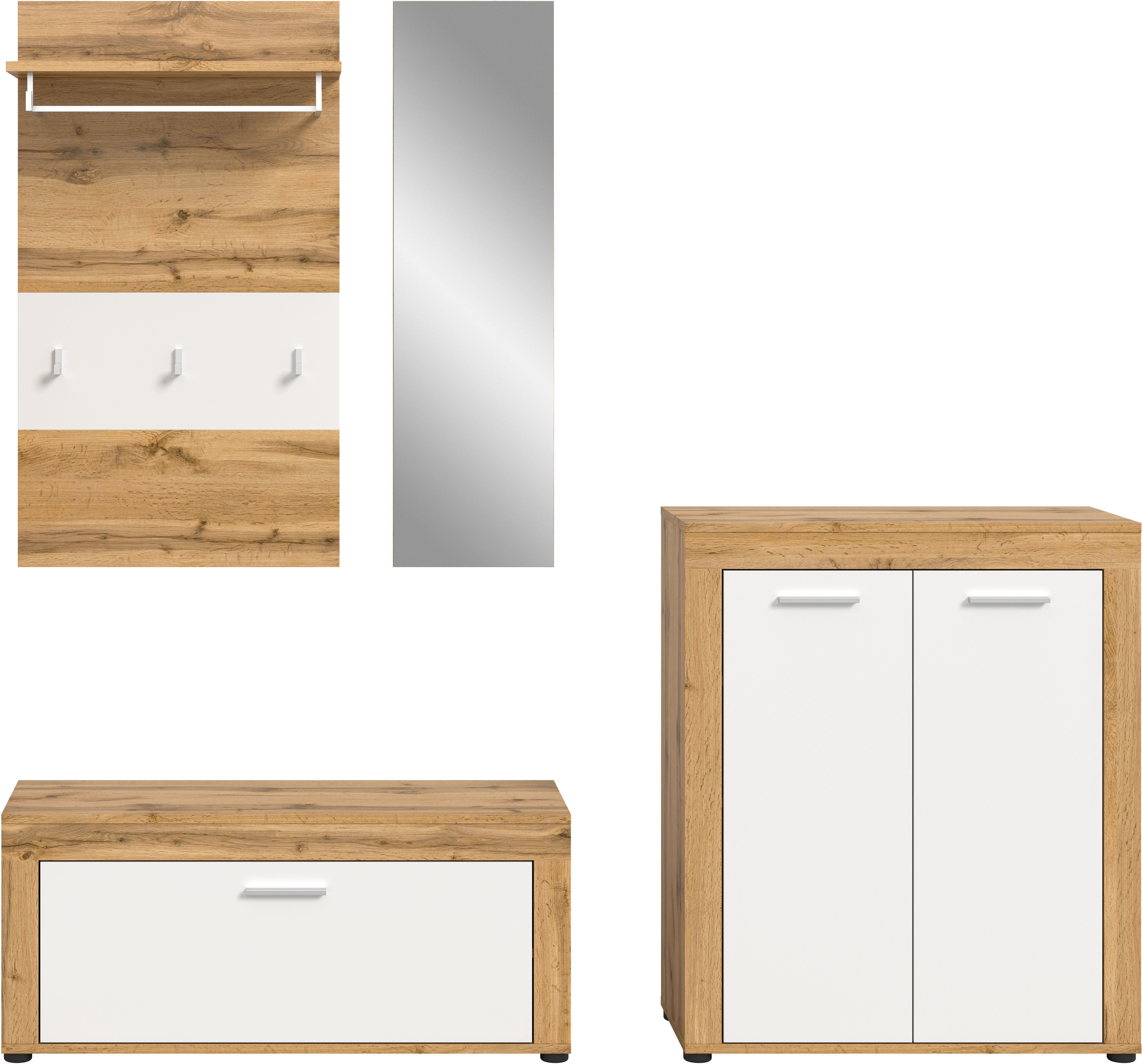 OTTO home Garderoben-Set AOSTA, Breite 200cm, 4-teilige Garderobenkombination, (Set, 4-St., bestehend aus: Sitzbank, Paneel, Spiegel & Kommode), Flurkombination, Kombination, Garderobe, Dielen-Set, Garderobenmöbel