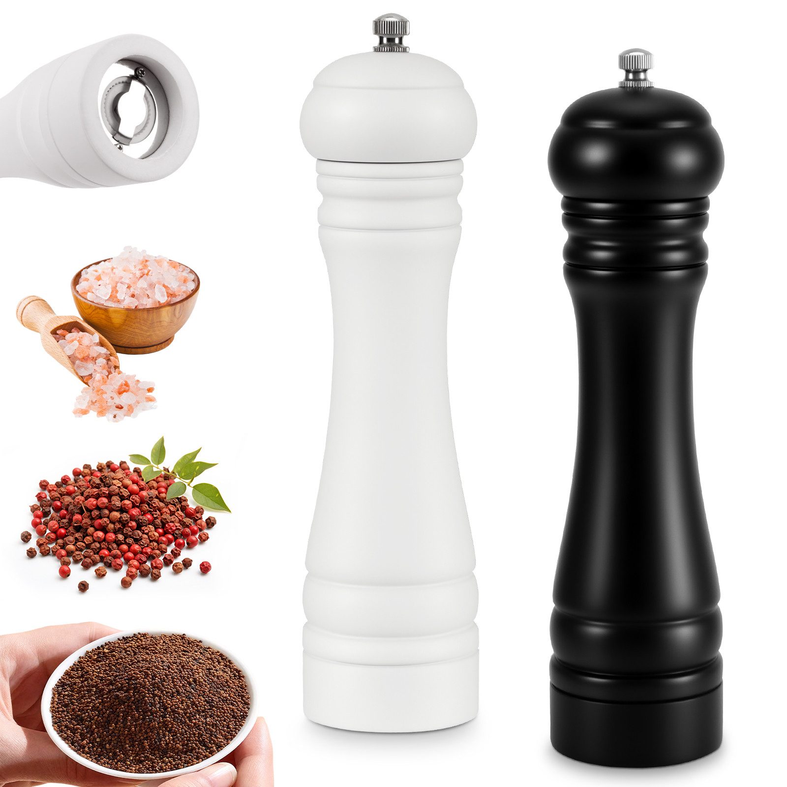 BlingBin Salz-/Pfeffermühle 2er Set Manuell Gewürzmühle Holz mit Verstellbarem Mahlwerk manuell, (2 Stück), Pfeffer und Salzmühle für Grobes Salz, Pfeffer, Chili, Schwarz & Weiß