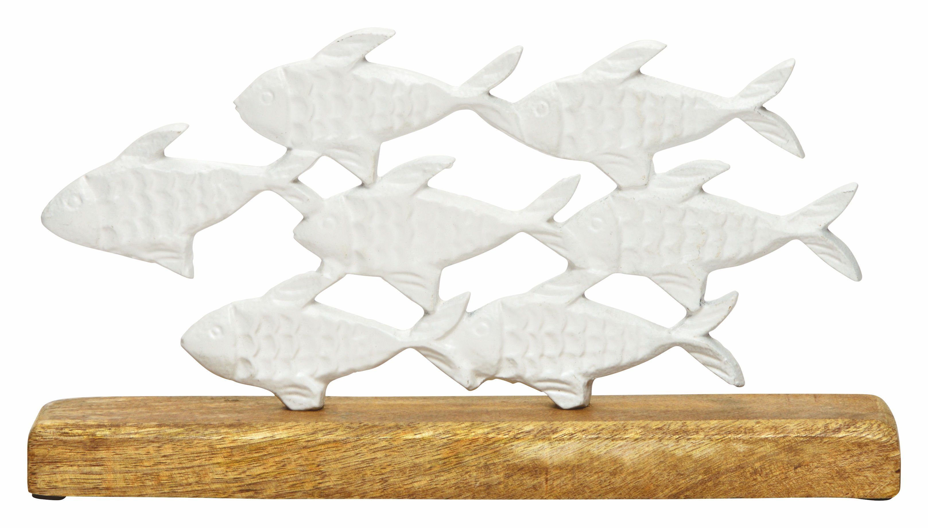 Spetebo Tierfigur Metall Aufsteller Fischschwarm auf Mango Standfuß, Deko Fische auf Mango Holz Sockel