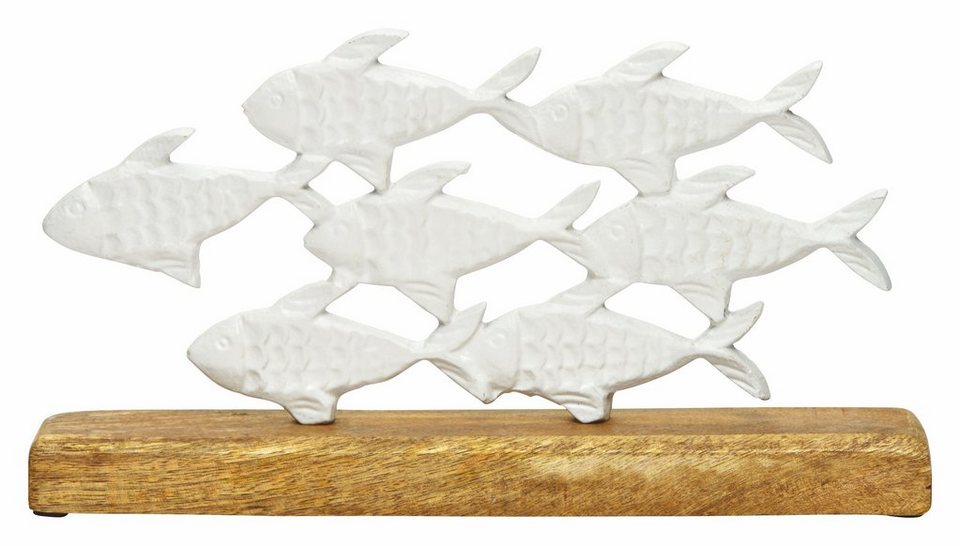 Spetebo Tierfigur Metall Aufsteller Fischschwarm auf Mango Standfuß, Deko  Fische auf Mango Holz Sockel