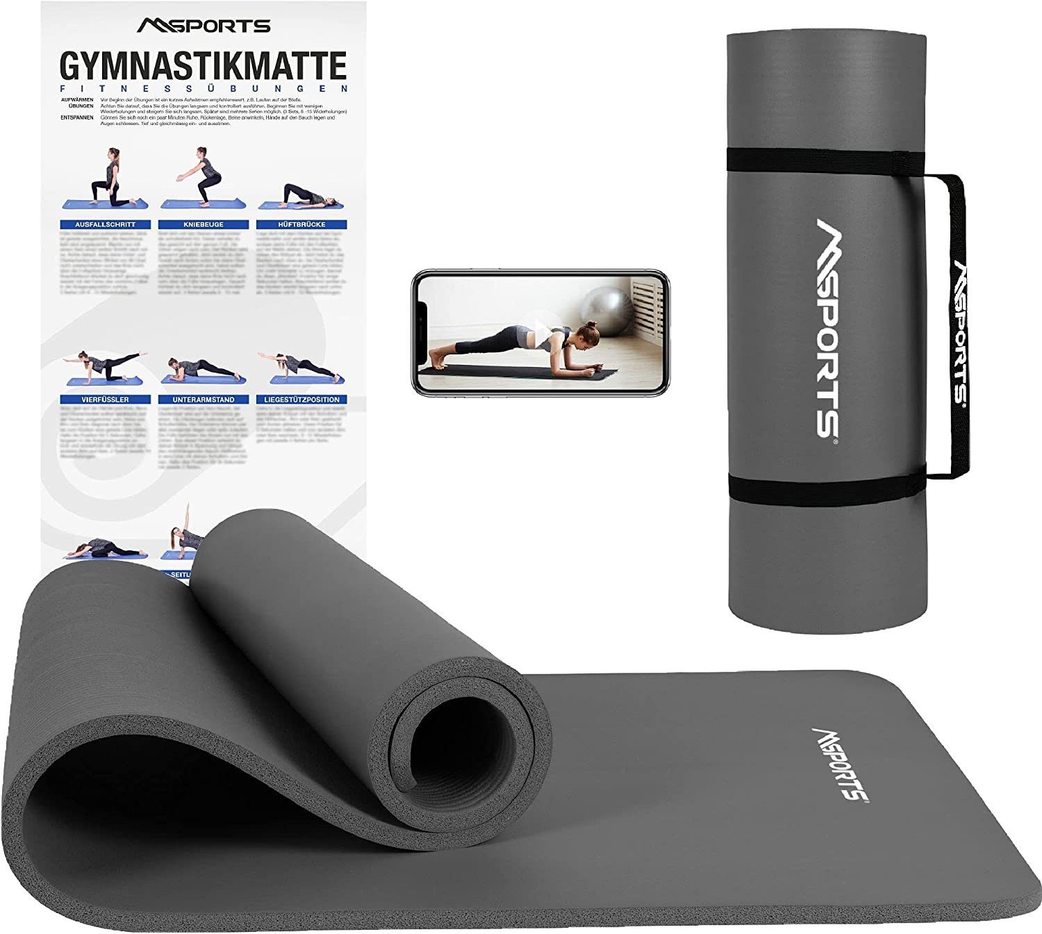 MSports® Gymnastikmatte Yogamatte rutschfest inkl. Tragegurt + Poster + Workout App