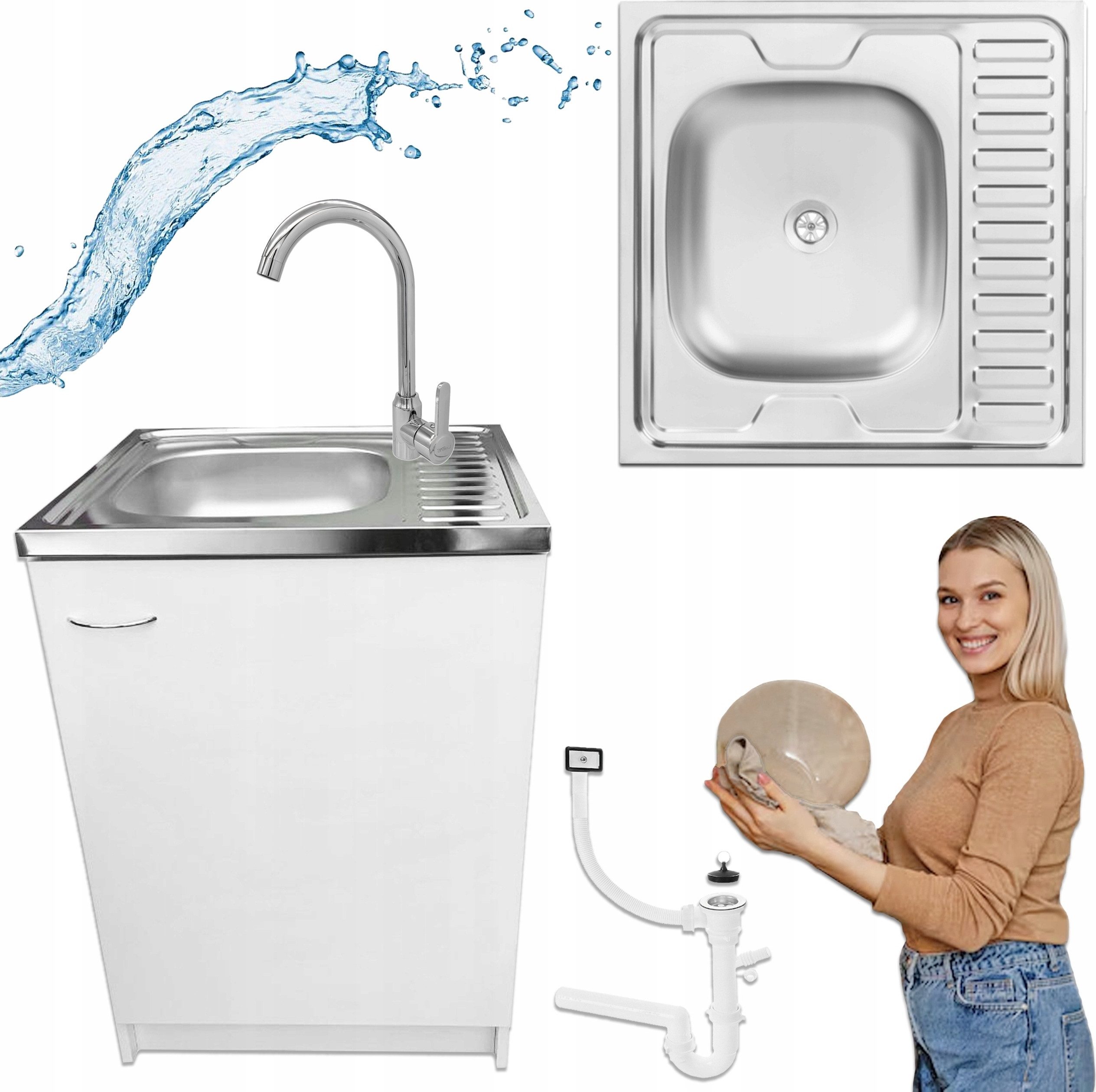 STAMAR Spülenschrank Küchenschrank 60cm Weiß Spüle Reversibel Armatur Hoch Chrom Set (XXL) Standschrank 60cm Tiefe Siphon Geschirrspüler Komplett Montagefertig