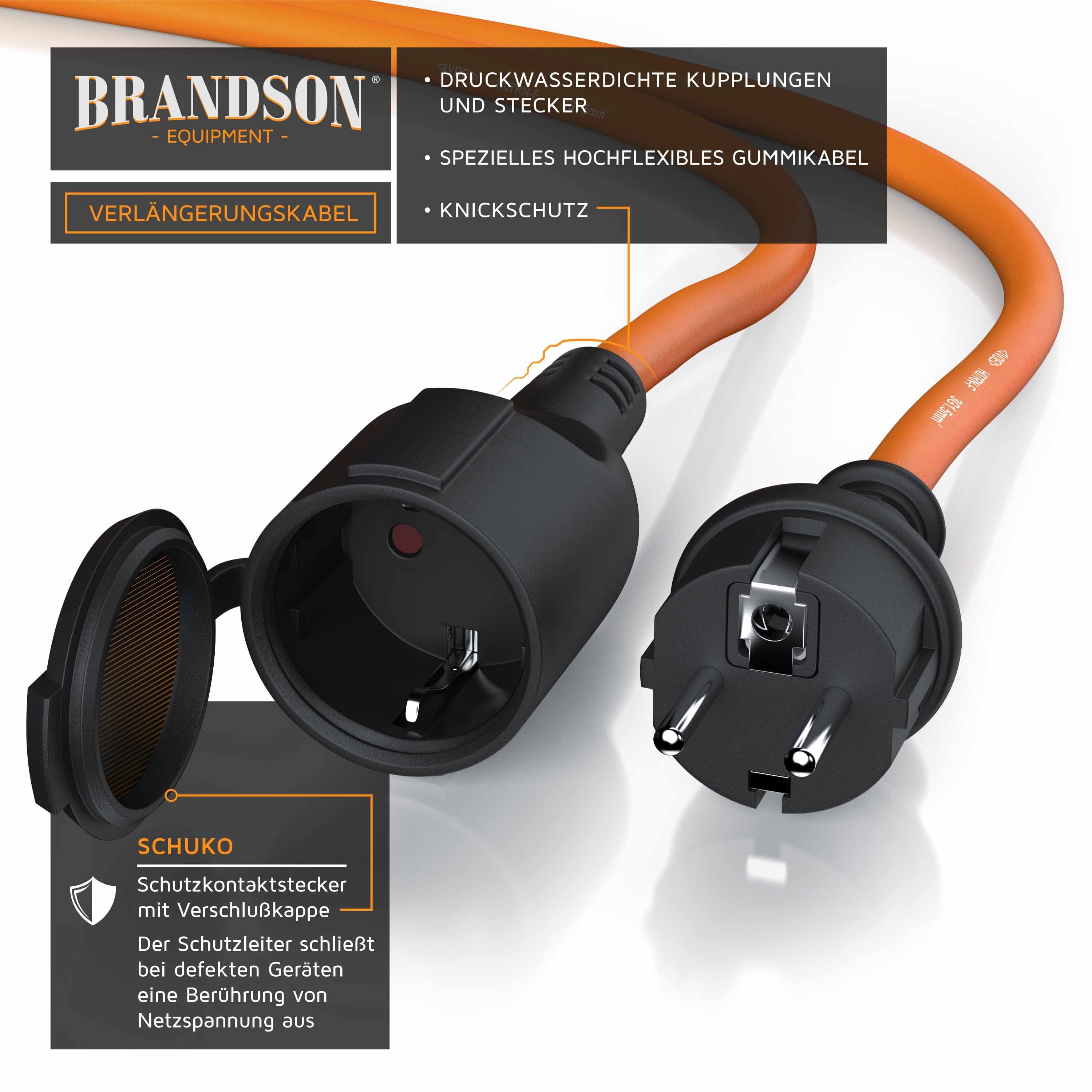Brandson Stromkabel Verlängerung für den Außenbereich 3500W, Outdoor, IP44, 10m Verlängerungskabel, Typ F (Schuko), Schutzkontakt-Kupplung (1000 cm), Verlängerungskabel mit Schuko Stecker & Schutzkappe, Elektrokabel 230V