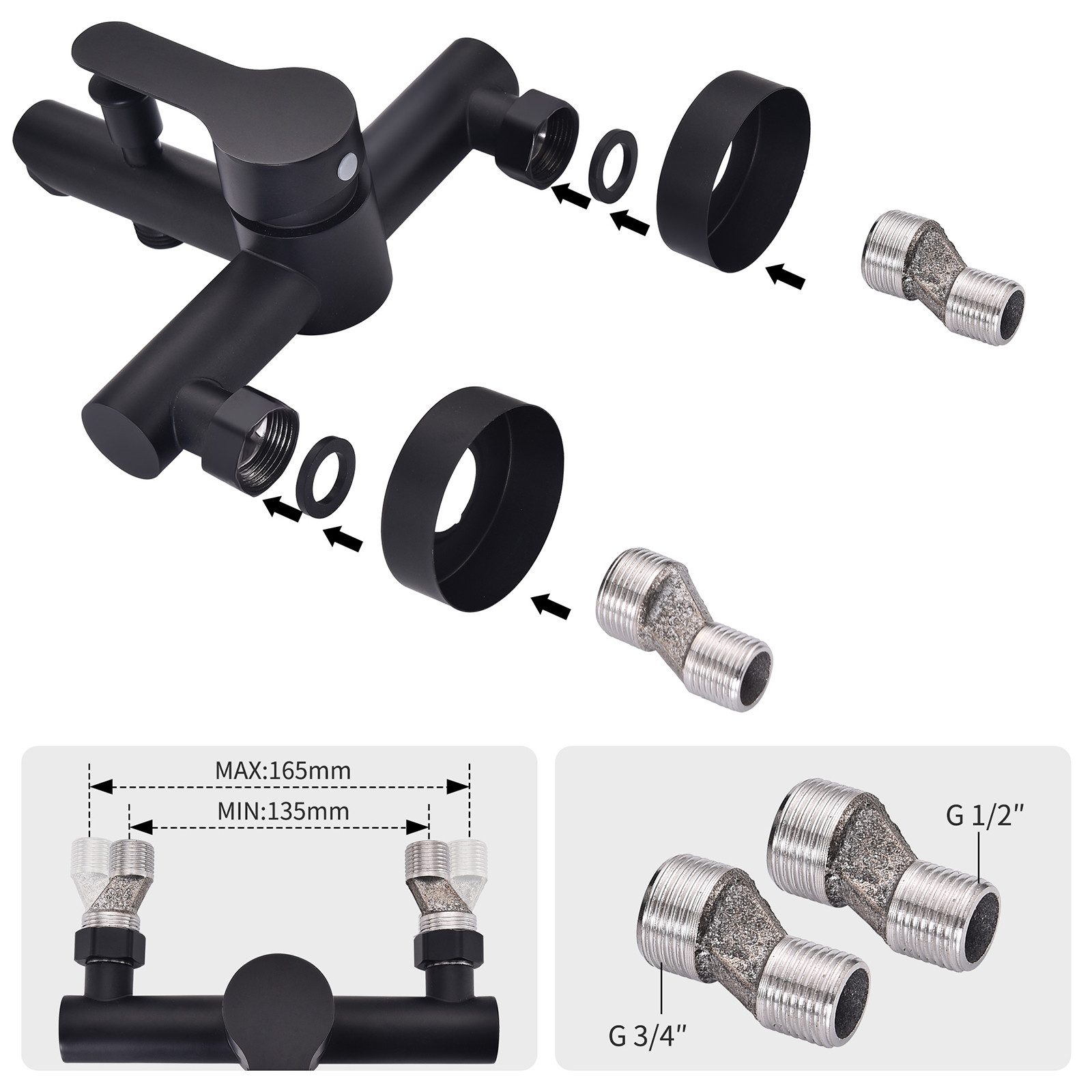 HOMELODY Wannenarmatur Badewannenarmatur Schwarz Wandarmatur mit Umsteller G1/2 (Set, 1-St) Einhebelmischer für Wanne und Handbrause, modernes Design