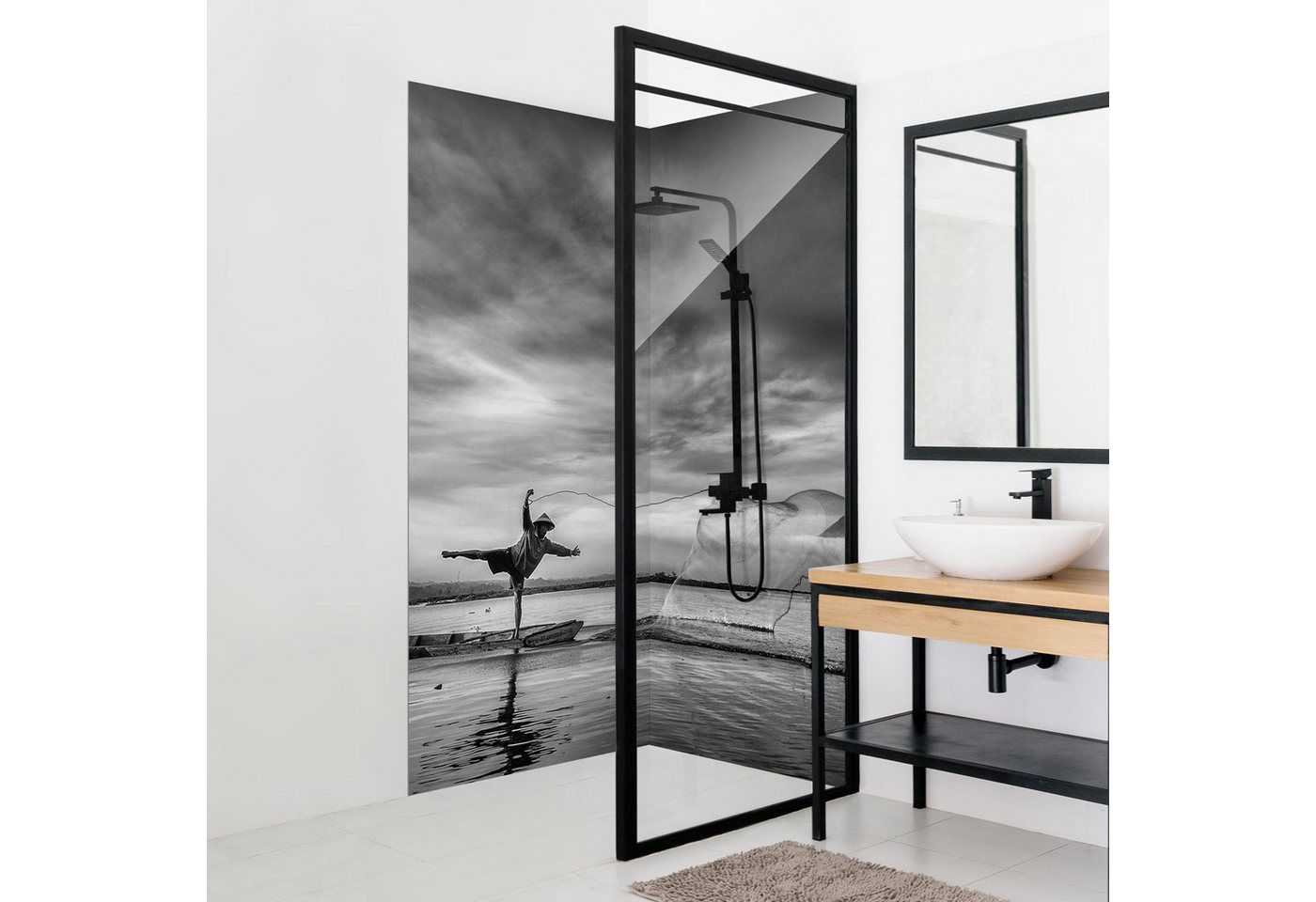 Thumbnail - Bilderdepot24 Badrückwand Strand schwarz weiß Duschrückwand ohne Bohren Dusche Natur, (Hartfolie matt » Selbstklebend SM...
