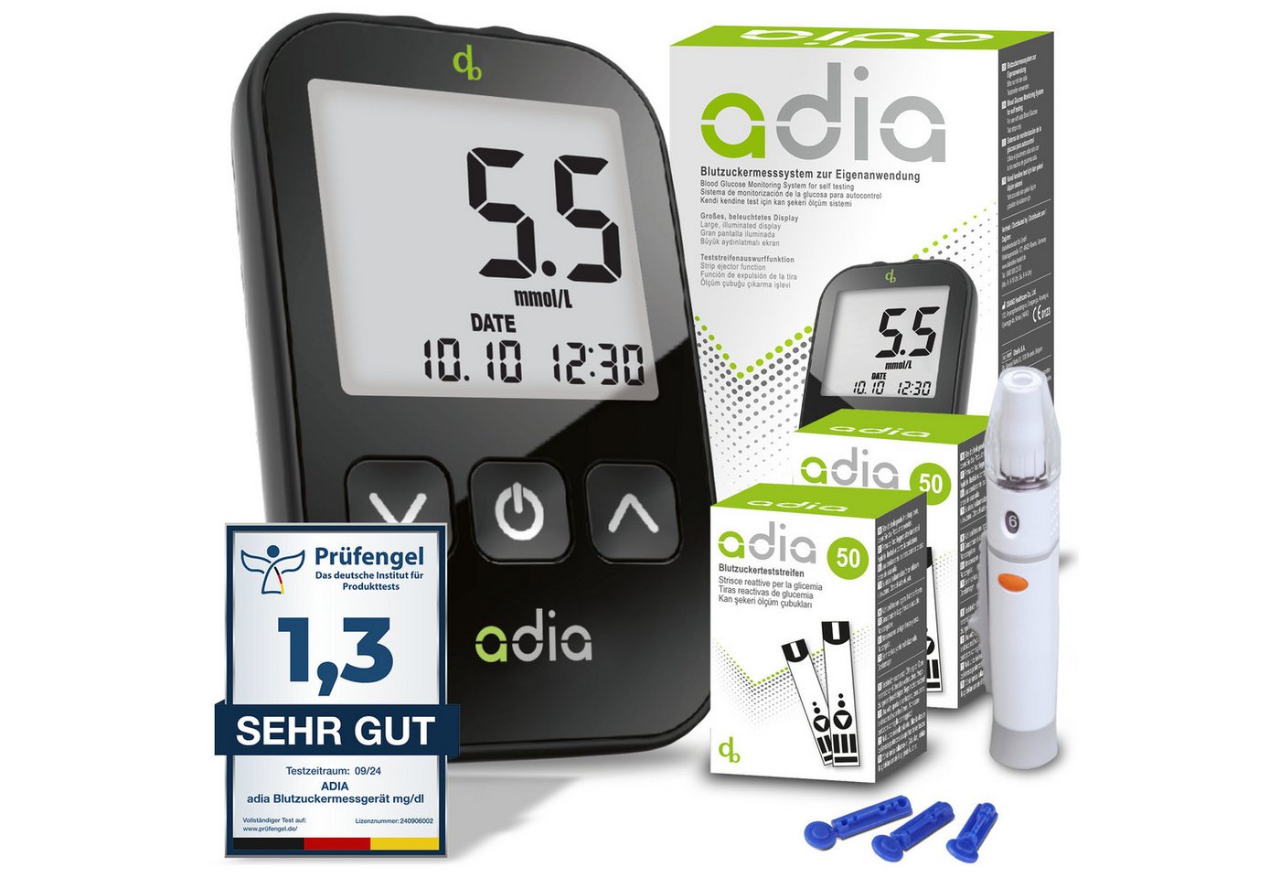 ADIA Blutzuckermessgerät adia Blutzuckermessgerät Set + 110 Teststreifen, mmol/l