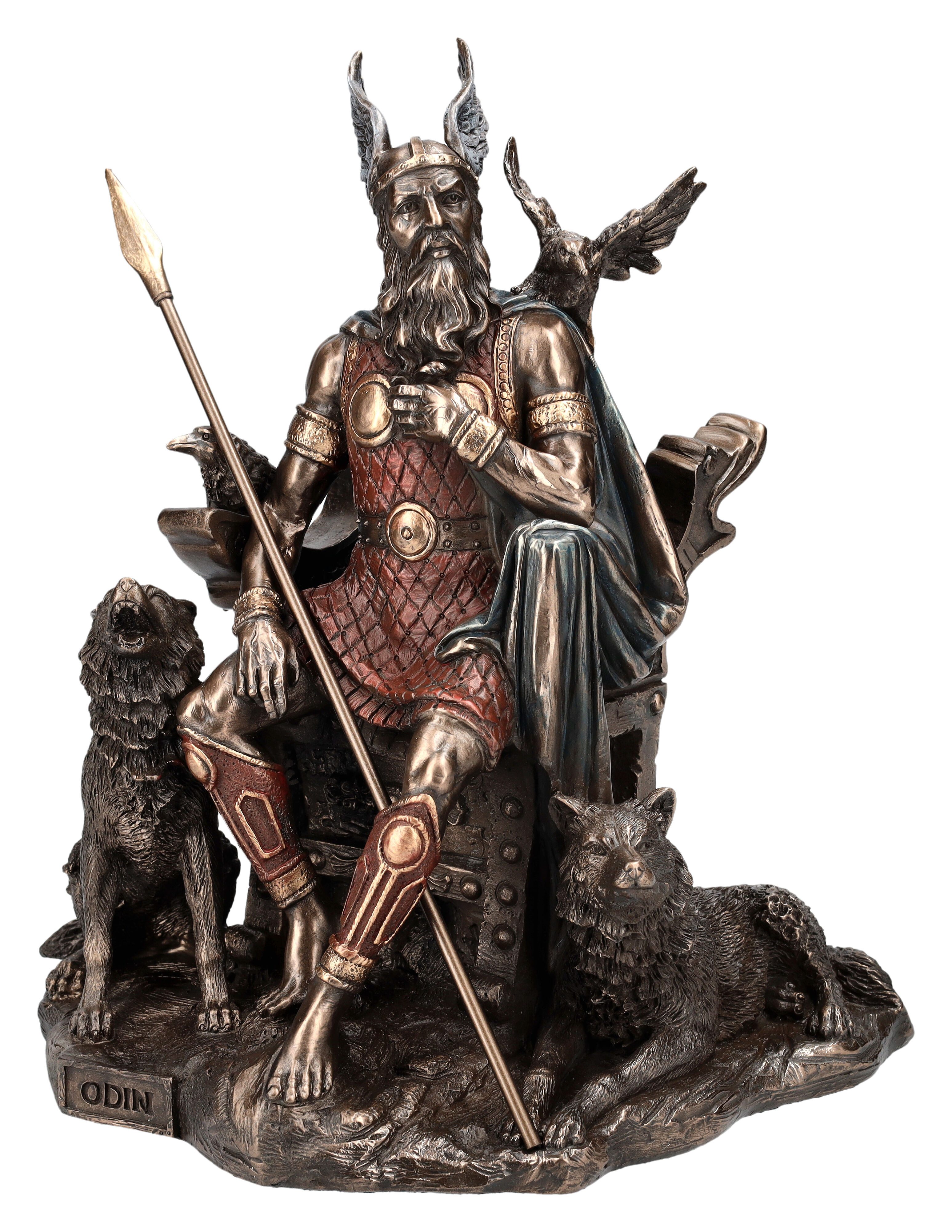 Figuren Shop GmbH Dekofigur Odin Figur mit Wölfen und Rabe auf Thron - Wikinger Veronese Götter