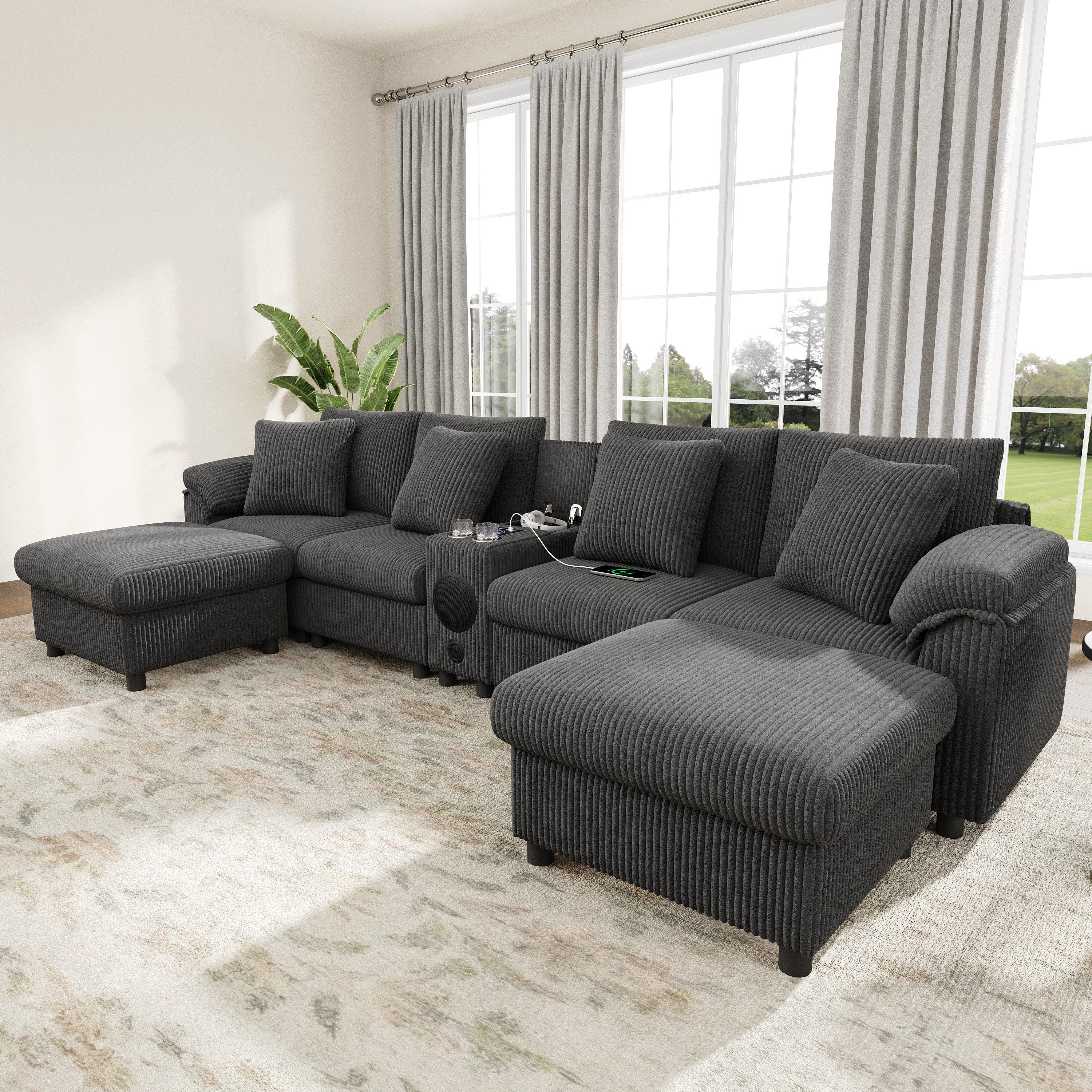 Odikalo Sofa Modulares Sofa mit USB & Bluetooth-Lautsprecher, U- oder L-Form, Cord-Sofa mit Bluetooth-Lautsprecher und Konsole, Ecksofa mit Stauraum, kabellosem Laden, USB-Anschlüssen, Getränkehaltern und Kissen