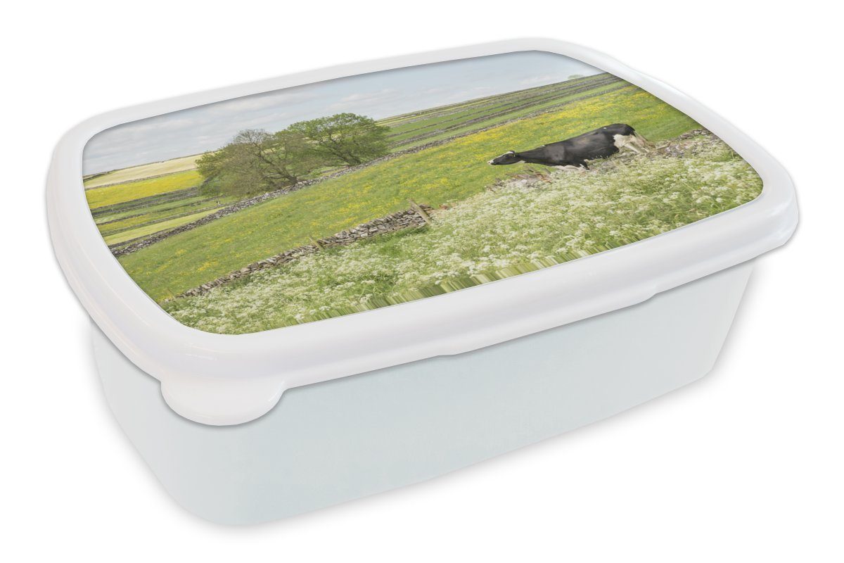 MuchoWow Lunchbox Kuh - Blumen - Tiere, Kunststoff, (2-tlg), Brotbox für Kinder und Erwachsene, Brotdose, für Jungs und Mädchen weiß