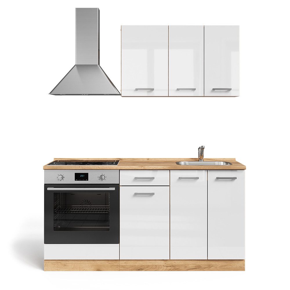 Vicco Кухниzeile R-Line, Weiß Hochglanz/Goldkraft Eiche, 160 cm mit Herdumbauschran...